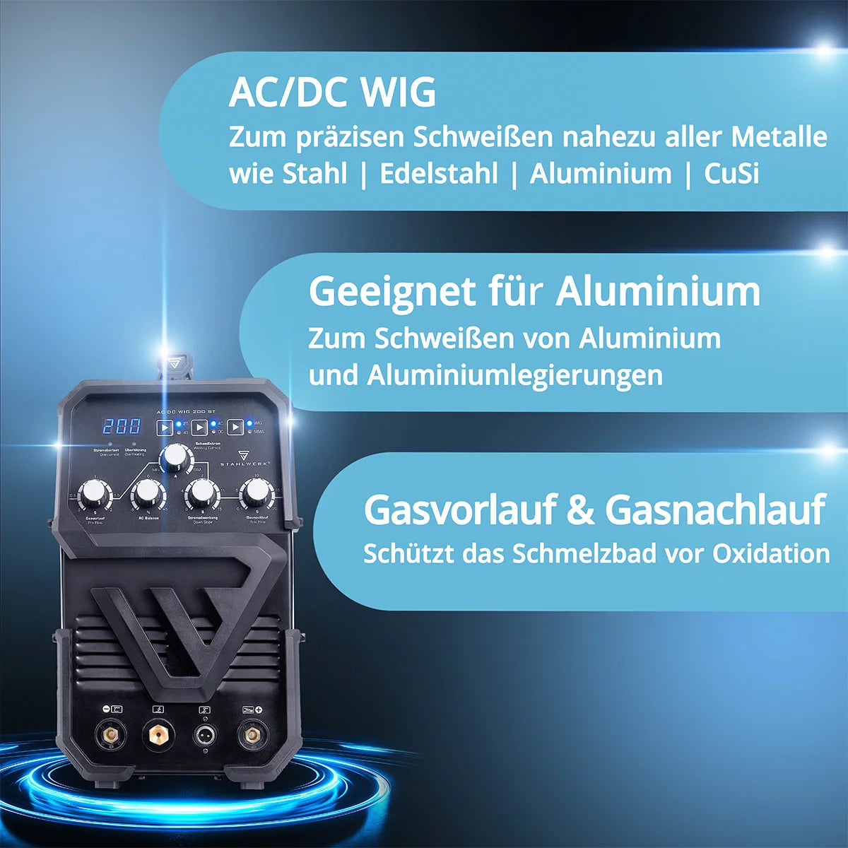 STAHLWERK AC/DC WIG 200 ST IGBT Vollausstattung, Kombi Schweißgerät mit 200 Ampere WIG MMA, Aluminium schweißen