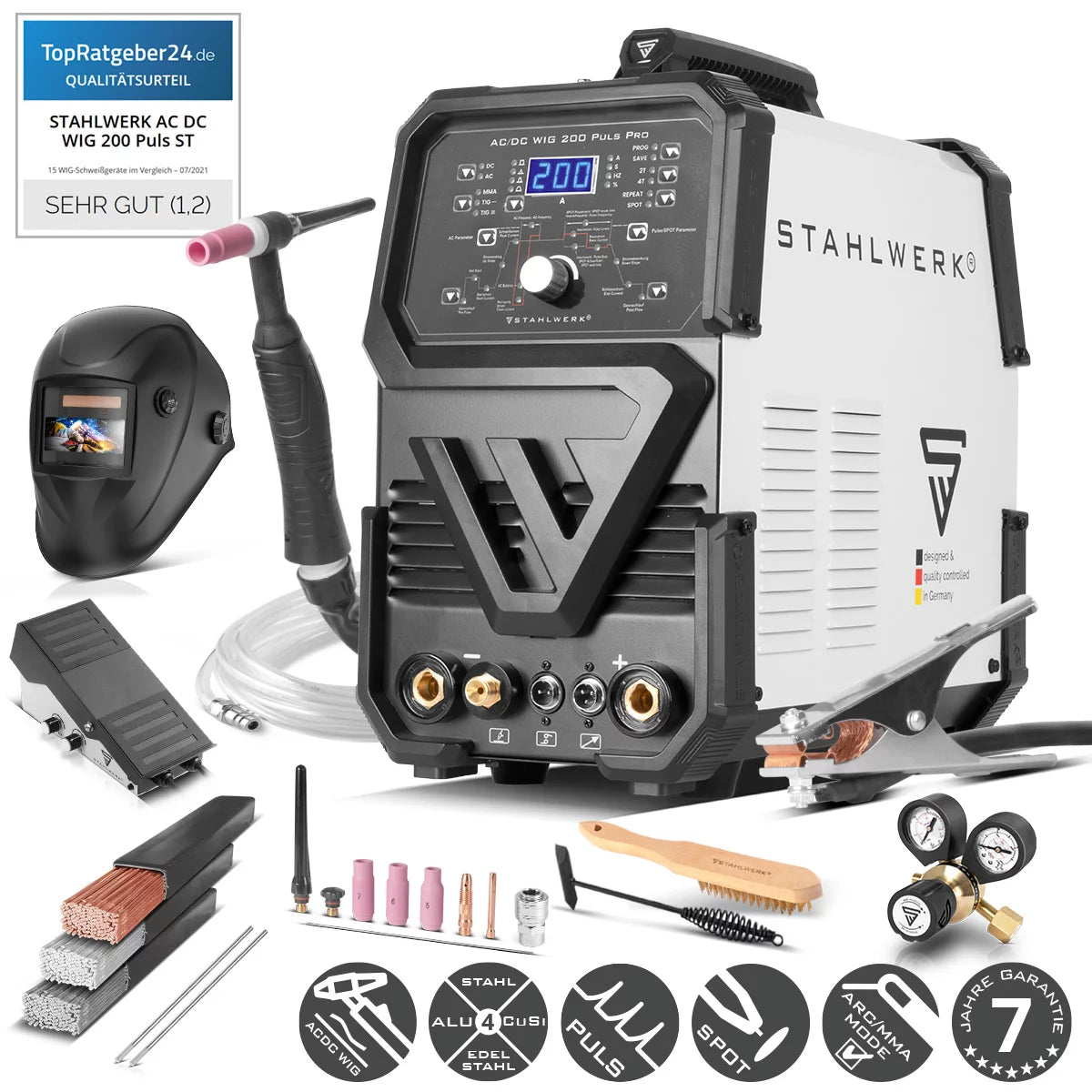 Attrezzatura completa STAHLWERK AC/DC TIG 200 Puls Pro - saldatrice digitale | 200 A, funzione ARC/MMA, memoria di lavoro e tecnologia IGBT, adatto per alluminio e lamiera sottile