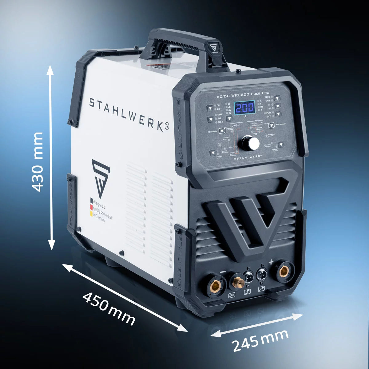 Attrezzatura completa STAHLWERK AC/DC TIG 200 Puls Pro - saldatrice digitale | 200 A, funzione ARC/MMA, memoria di lavoro e tecnologia IGBT, adatto per alluminio e lamiera sottile