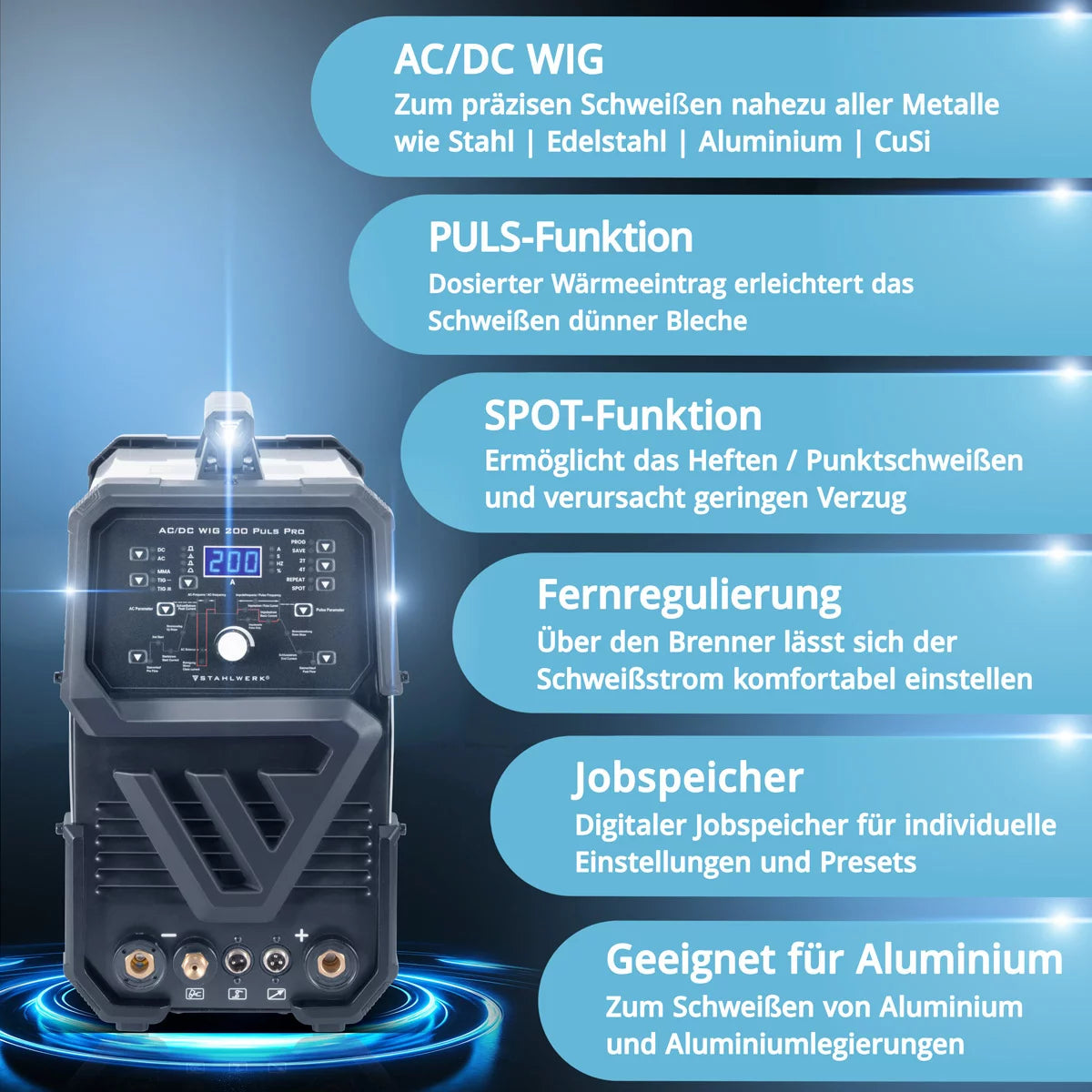 Attrezzatura completa STAHLWERK AC/DC TIG 200 Puls Pro - saldatrice digitale | 200 A, funzione ARC/MMA, memoria di lavoro e tecnologia IGBT, adatto per alluminio e lamiera sottile