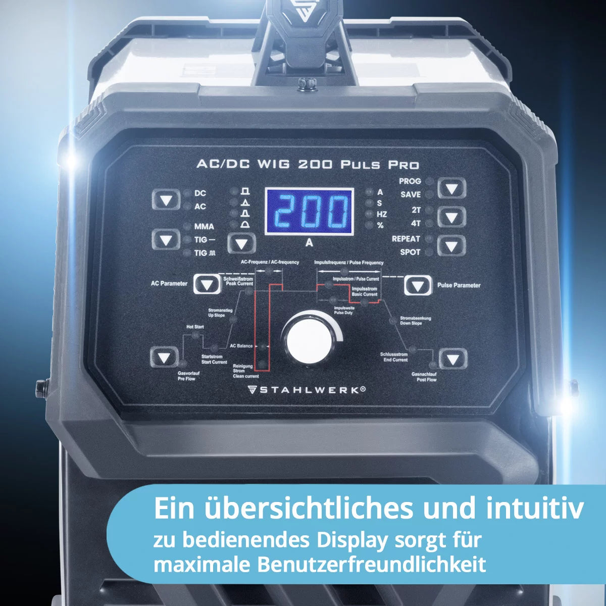 Attrezzatura completa STAHLWERK AC/DC TIG 200 Puls Pro - saldatrice digitale | 200 A, funzione ARC/MMA, memoria di lavoro e tecnologia IGBT, adatto per alluminio e lamiera sottile
