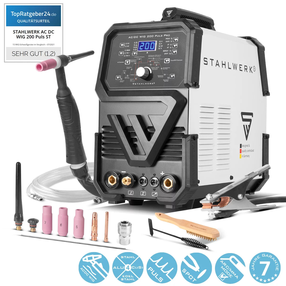Stahlwerk AC/DC WIG 200 Puls Pro - Digital welding machine | Inverter with 200 amps, ARC/MMA function, job memory and IGBT technology, suitable for aluminum and thin sheet, 7 years of manufacturer's guarantee