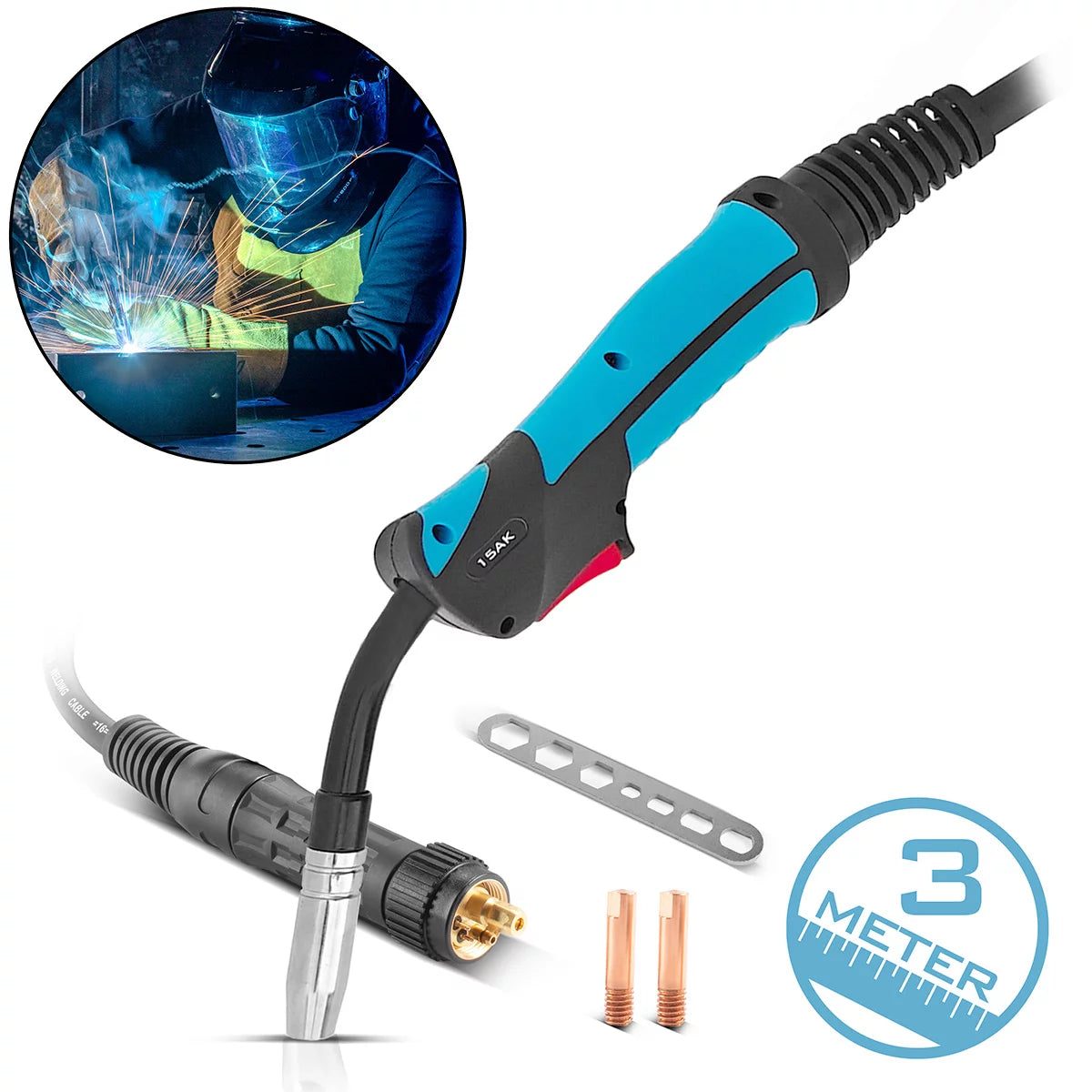 STAHLWERK AK15 welding torch including 3 meter hose package | Professional welding accessories for MIG/MAG inert gas welding machines with Euro central connection | Air-cooled MIG/MAG welding gun 180 amps