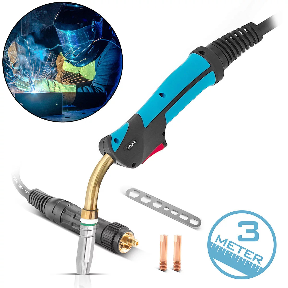STAHLWERK AK25 Schweißbrenner inklusive 3 Meter Schlauchpaket | Profi-Schweißzubehör für MIG/MAG Schutzgas Schweißgeräte mit Eurozentralanschluss | Gasgekühlte MIG/MAG-Schweißpistole 180 Ampere