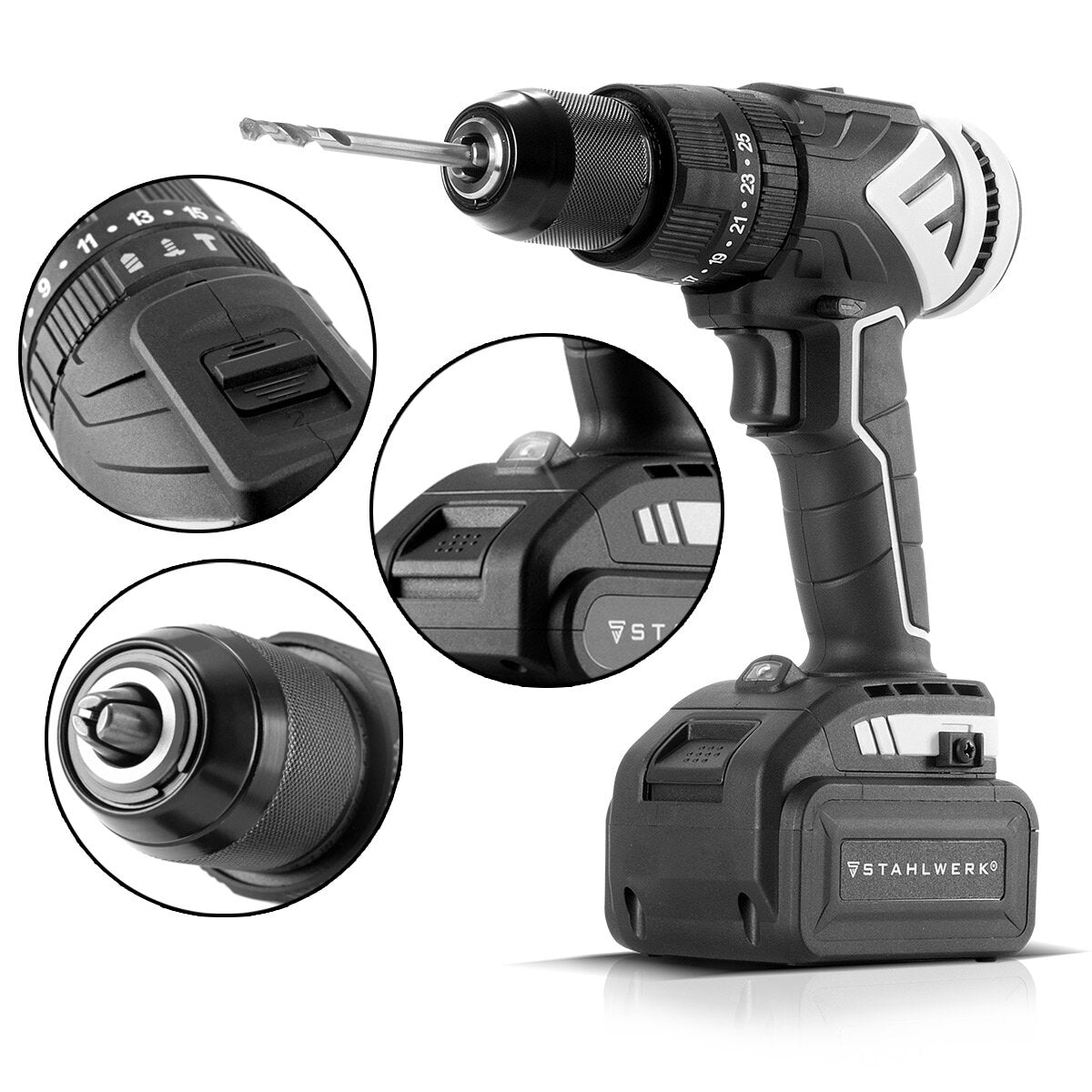 Stahlwerk inalámbrico perforador de perforación ASB-20 ST con sistema de 20 voltios y tecnología sin escobillas destornillador inalámbrico | Cabary | Destornillador de taladro que incluye batería, cargador, caja de máquina, broca y juego de taladro