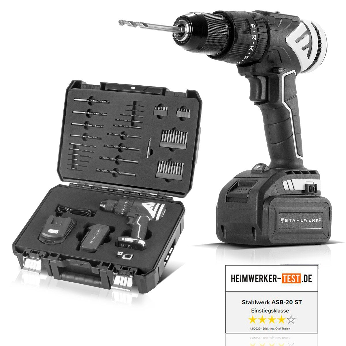 Stahlwerk inalámbrico perforador de perforación ASB-20 ST con sistema de 20 voltios y tecnología sin escobillas destornillador inalámbrico | Cabary | Destornillador de taladro que incluye batería, cargador, caja de máquina, broca y juego de taladro