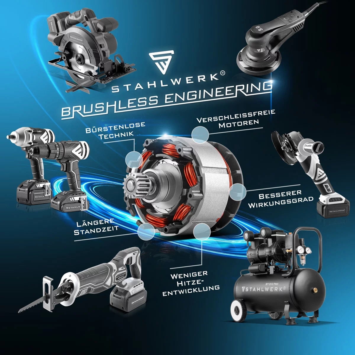 STAHLWERK cordless rotary impact wrench ADS-880 ST | 20 volt system | Brushless technology | Cordless impact wrench with 880 Nm | ½" inch mount | Includes 4 protective sockets 17-22 mm | Battery and charger