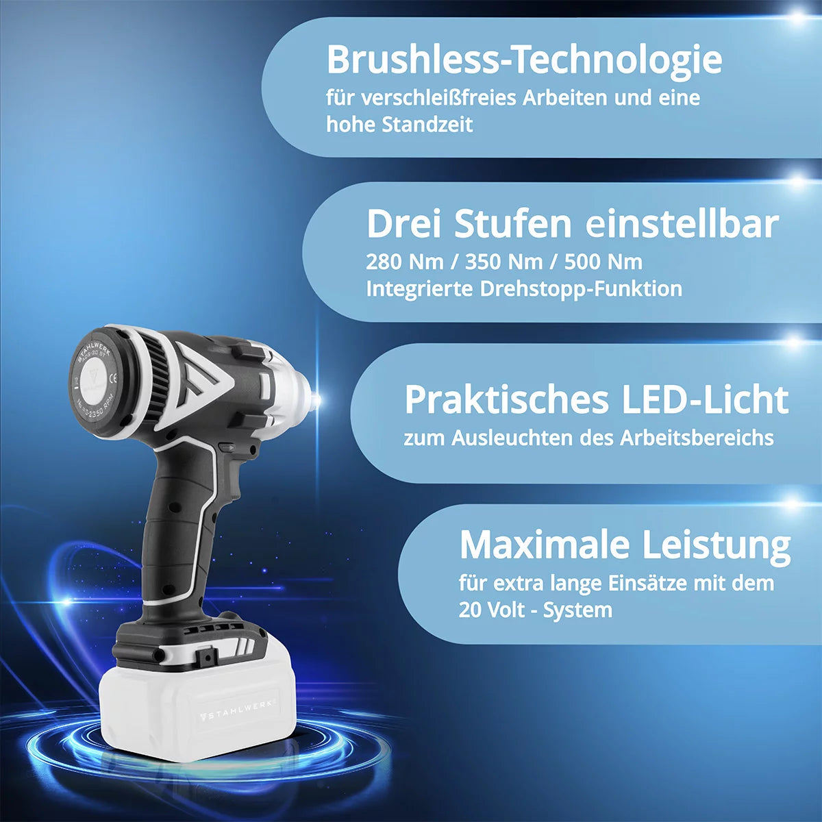 STAHLWERK Brushless Akku Drehschlagschrauber ADS-20 ST Solo | 20 Volt-System | Schlagschrauber | Akkuschrauber | ECHTE 500 Nm Drehmoment | 1/2 Zoll Aufnahme | verschleißfreier Motor | 7 Jahre Garantie