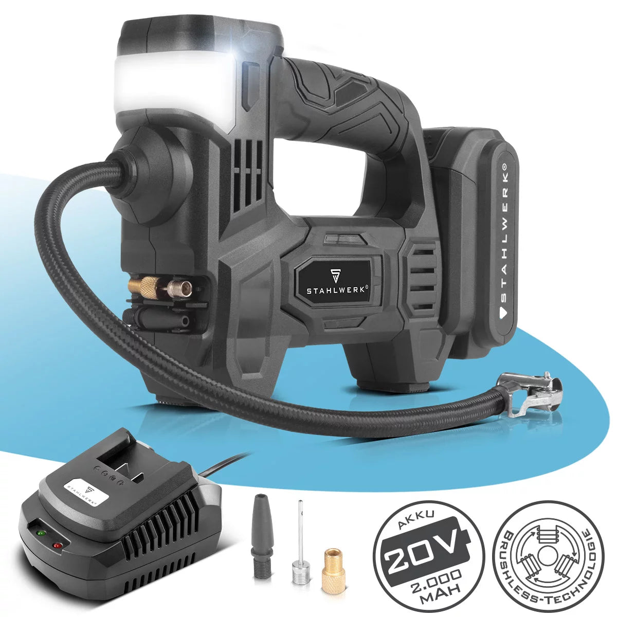 STAHLWERK cordless air compressor ADK-20 ST | 72 watts of power and 2 Ah battery | Mini compressor for inflating tires, balls | Electric air pump with digital display and lighting | Air compressor