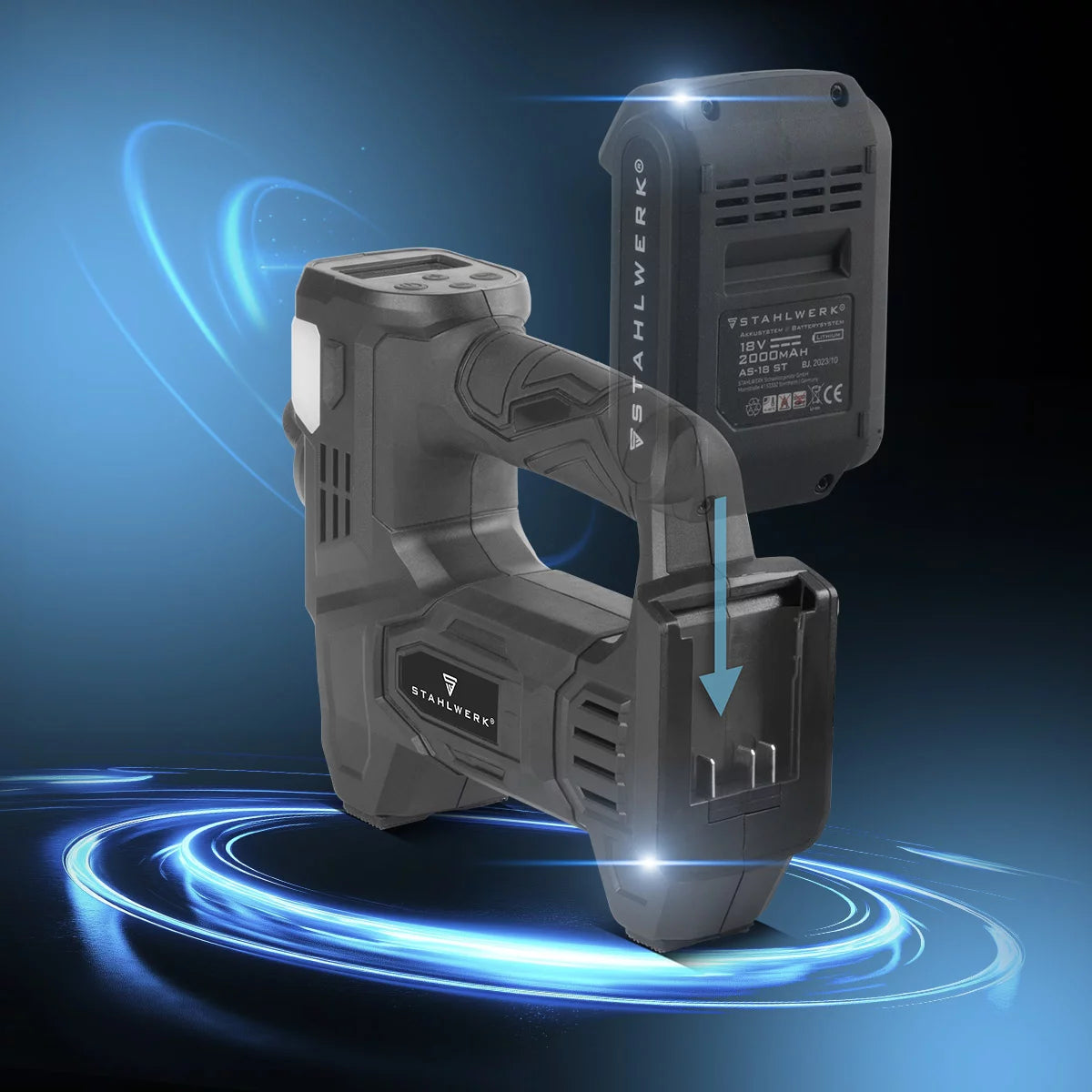 STAHLWERK cordless air compressor ADK-20 ST | 72 watts of power and 2 Ah battery | Mini compressor for inflating tires, balls | Electric air pump with digital display and lighting | Air compressor