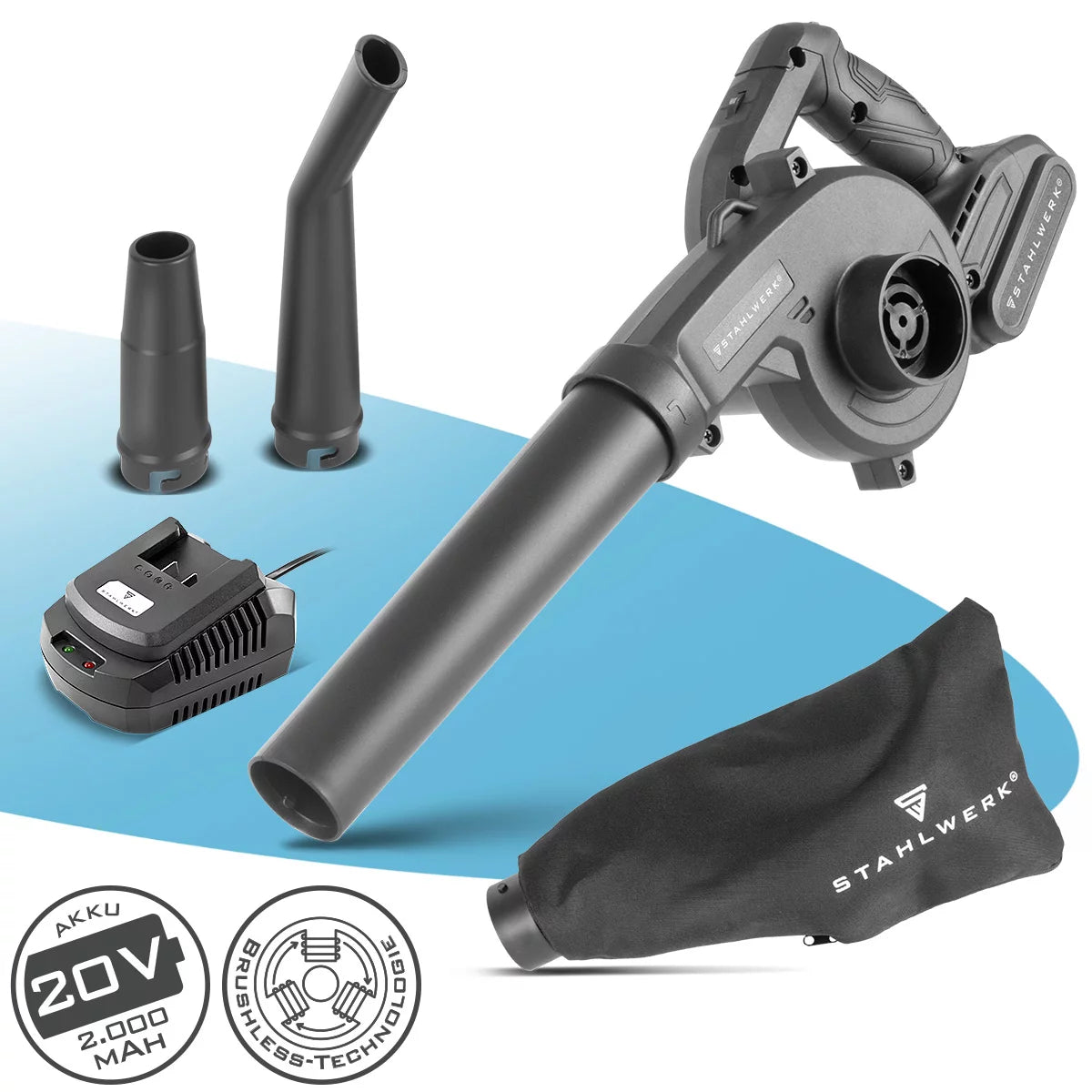 STAHLWERK mini battery blower MAG-20 ST | 20 volt cordless leaf blower with 2Ah | Portable universal blower for garden and street cleaning | Brushless leaf vacuum Compact blower 98 m/s | 0 - 18,000 rpm