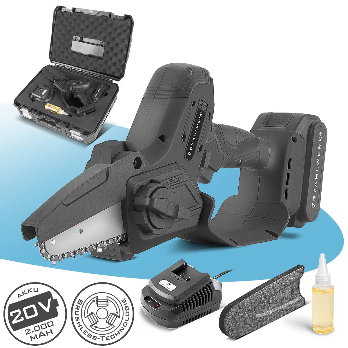 STAHLWERK Mini-Akku-Kettensäge MAK-20 ST mit 2000 mAh Akku | Leistungsstarke Handkettensäge zum Schneiden von Holz aller Art | Elektrische Motorsäge mit Brushless-Technologie | Kompakte Akku-Säge