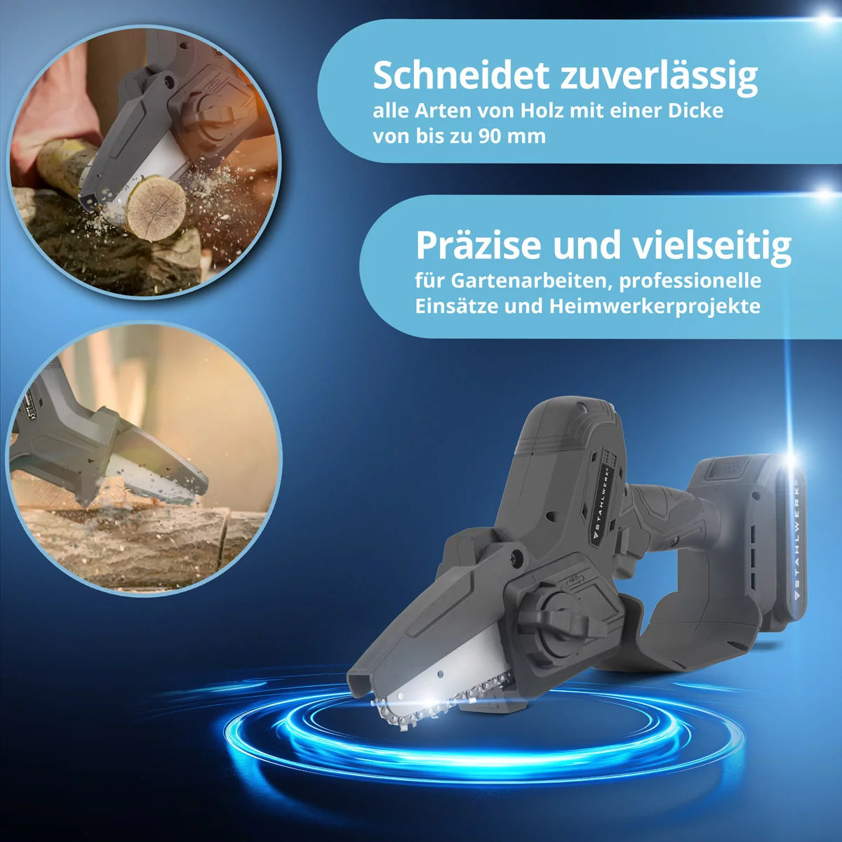 STAHLWERK Mini-Akku-Kettensäge MAK-20 ST mit 2000 mAh Akku | Leistungsstarke Handkettensäge zum Schneiden von Holz aller Art | Elektrische Motorsäge mit Brushless-Technologie | Kompakte Akku-Säge