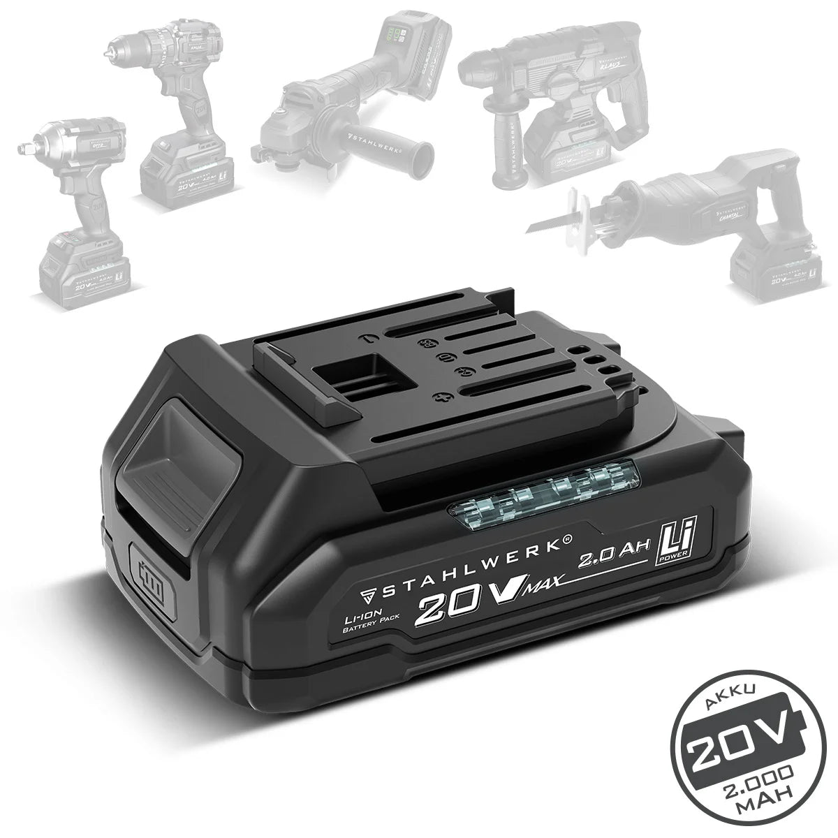 STAHLWERK Akku WHB-2020 mit 20 V, 2 Ah und 40 Wh | Li-Ion-Akku mit integrierter 4-LED-Ladestandsanzeige, Prüftaste, Ersatzakku