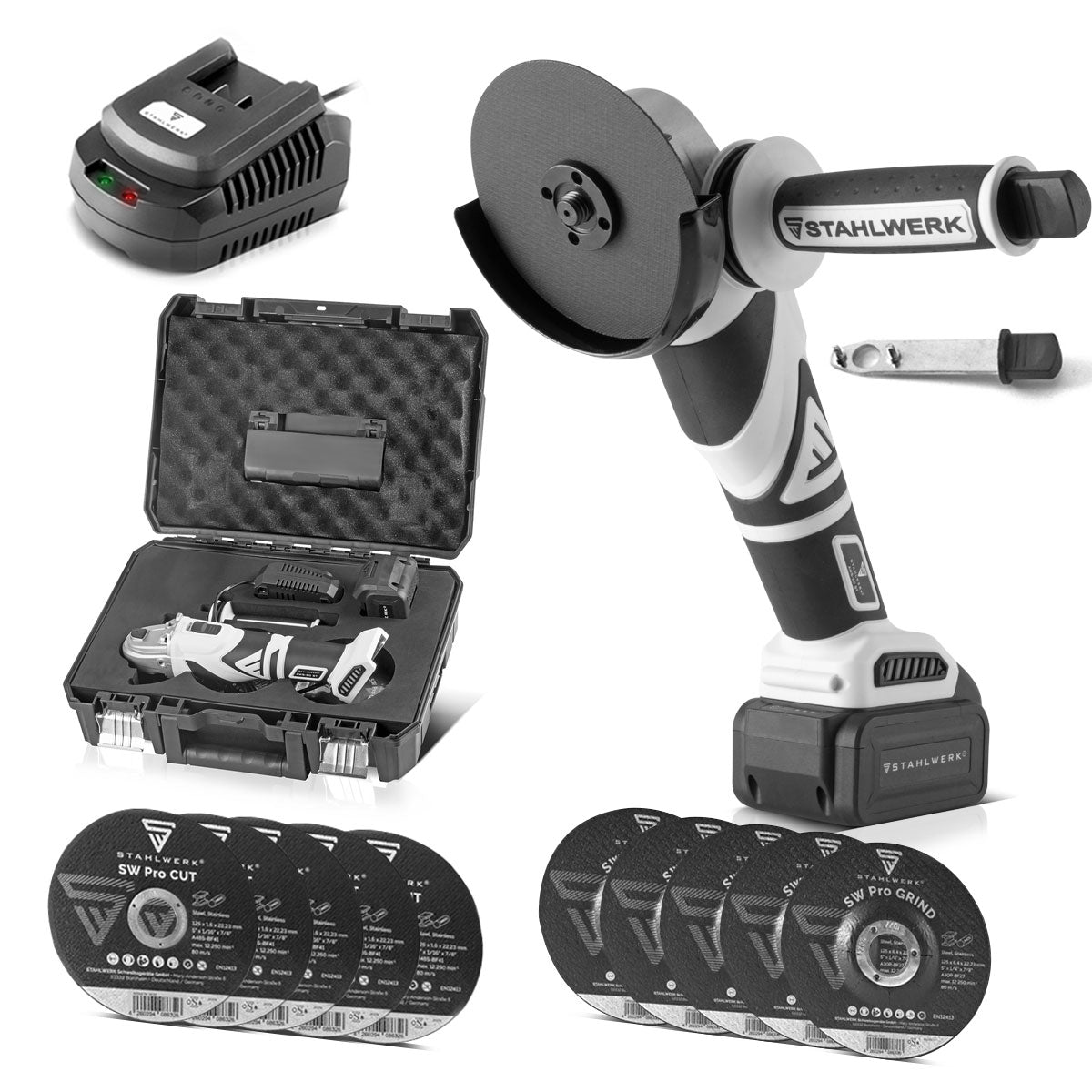 Meuleuse d'angle sans balais STAHLWERK AWS-20, système de batterie sans balais 20 V/4 Ah, 0 - 7 500 min-1, tailles de disque 115 mm et 125 mm, avec 1 batterie de 4 Ah et un chargeur