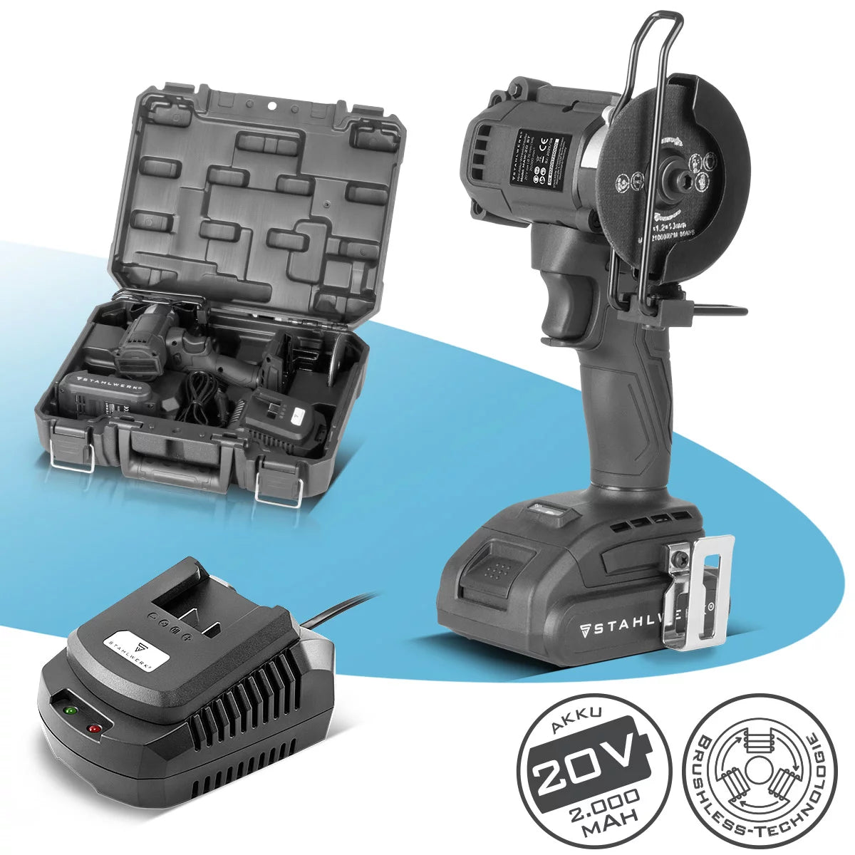 STAHLWERK mini cordless angle grinder MAW-20 ST with 2000 mAh battery | Hand angle grinder for cutting metal, tiles and wood | Electric mini saw with brushless technology