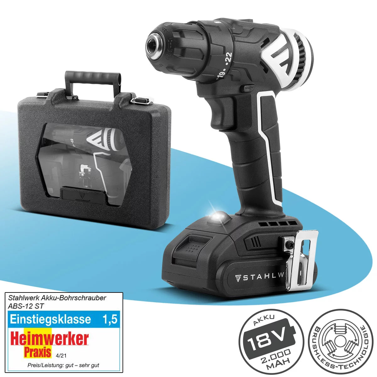 Stahlwerk cordless screwdriver ABS-18 ST with 18 volts and brushless technology, battery drilling screwdriver | BCU Bohrer | Drill | Battery tool set including the battery, charging device and transport case