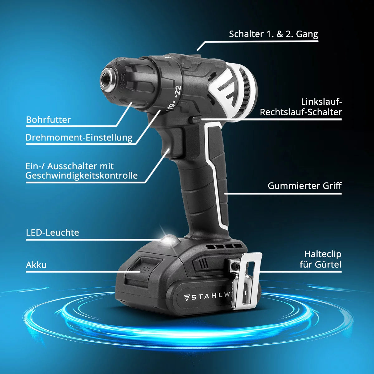 Stahlwerk cordless screwdriver ABS-18 ST with 18 volts and brushless technology, battery drilling screwdriver | BCU Bohrer | Drill | Battery tool set including the battery, charging device and transport case