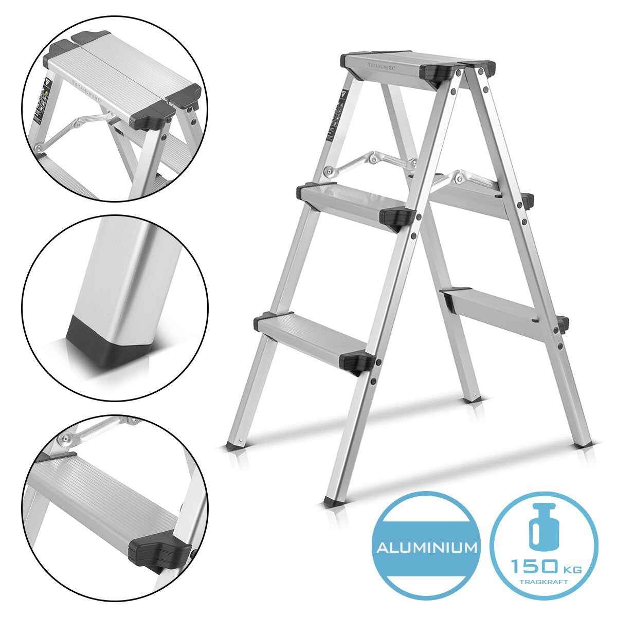 Stahlwerk Alu Heading Manager Alt-150 kg, 3 niveaux, hauteur du support 72 cm, conducteur d'aluminium | Conducteur pliant | Étape de pliage | Gestionnaire multipose | Restez à l'échelle avec des germes sans glissement