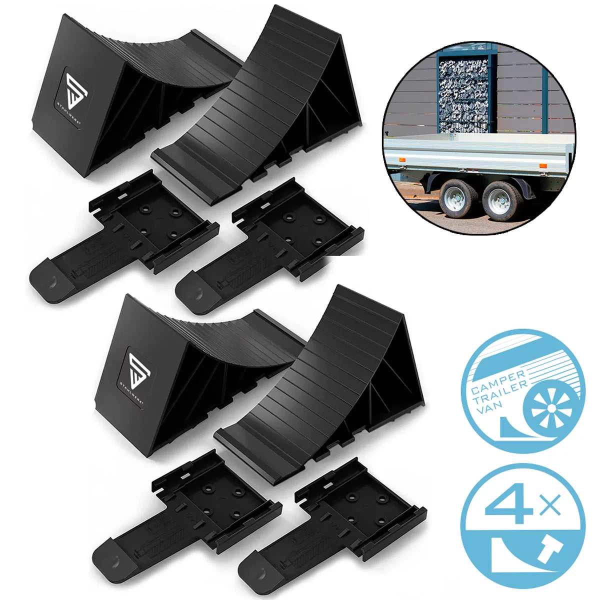 Steel mill with bracket GT-01 ST 4 Set up to 1.5 t axle load brake wedge | Hind -up | Rad wedge | Cycling pad for car trailers, motorhome, caravan or caravan