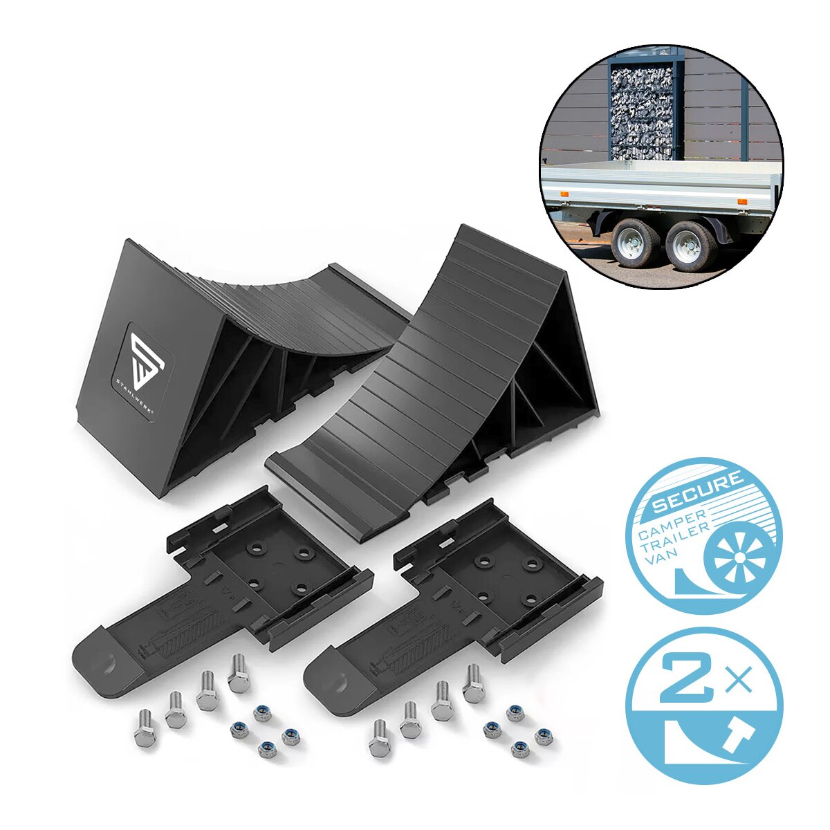 Molino de acero con soporte GT-01 ST 2 Configuración hasta 1.5 T Axle Carga Bread Bedge | Hind -Up | Rad Wedge | Almohadilla para ciclismo para remolques de automóviles, autocaravana, caravana o caravana