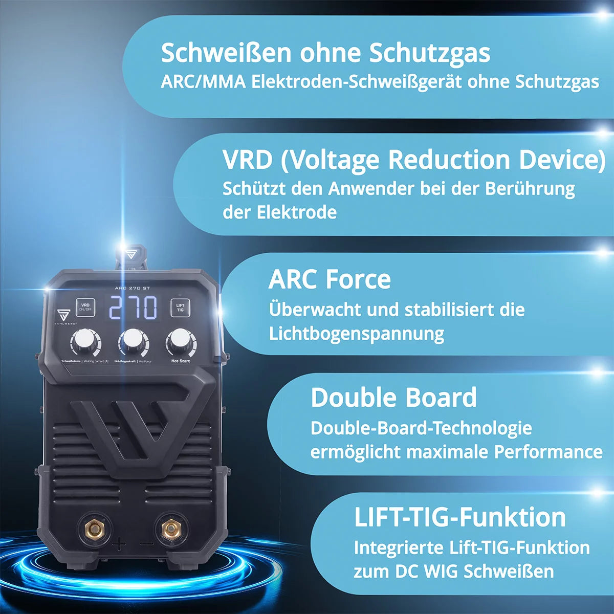 STAHLWERK ARC 270 ST Vollausstattung IGBT- Schweißgerät DC MMA / E-Hand Welder, Lift-TIG Funktion mit echten 270 Ampere sehr kompakt, 400V, weiß
