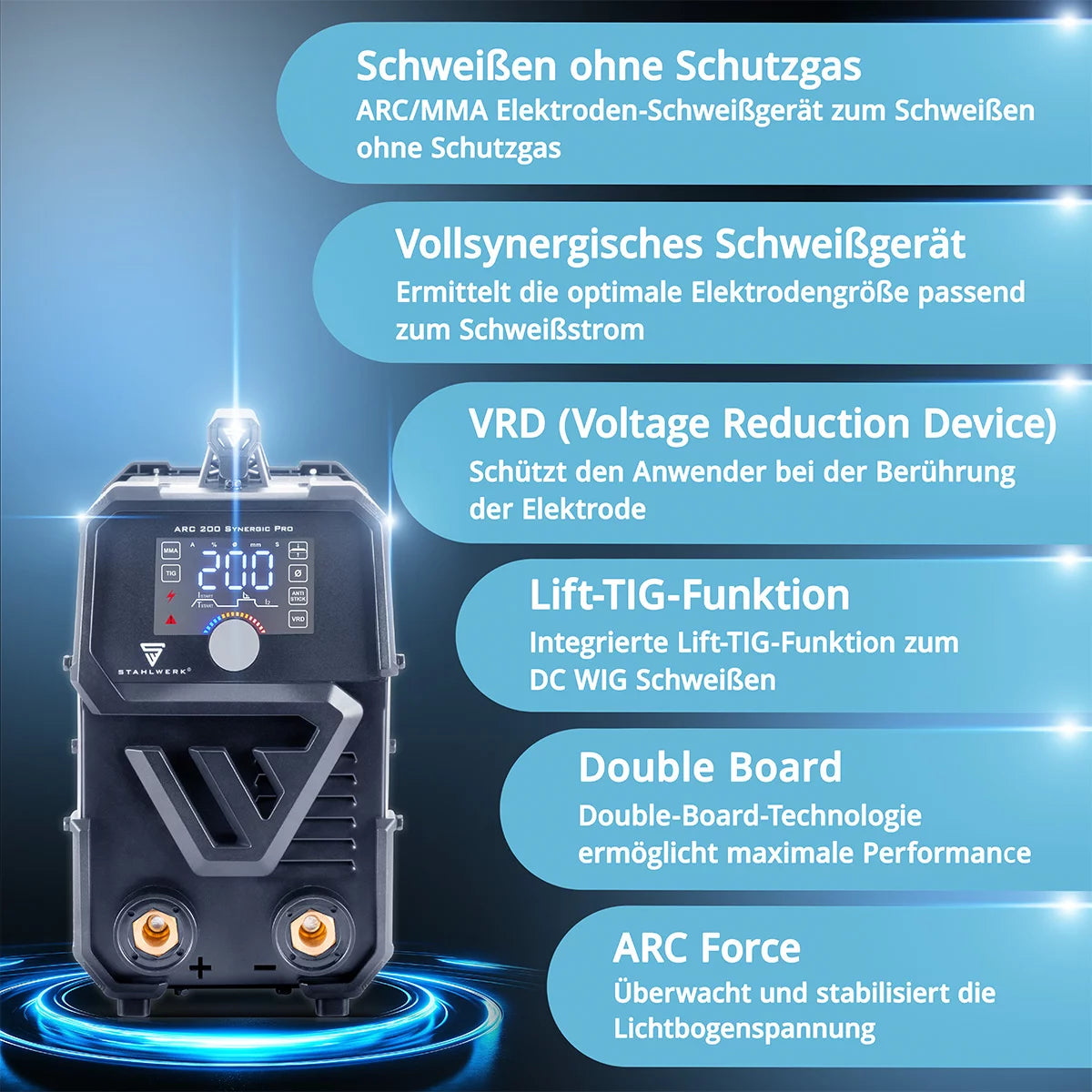 STAHLWERK ARC 200 Synergic Pro Vollausstattung Elektroden-Schweißgerät, vollsynergischer MMA | E-Hand | Lift-TIG Inverter mit 200 Ampere und IGBT Technologie