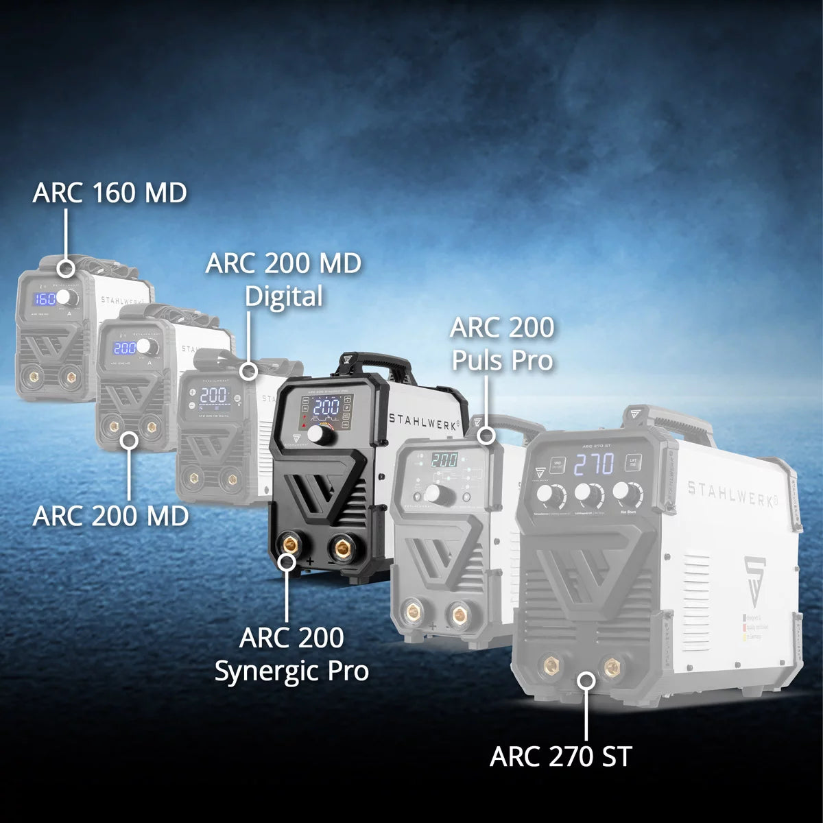 STAHLWERK ARC 200 Synergic Pro Vollausstattung Elektroden-Schweißgerät, vollsynergischer MMA | E-Hand | Lift-TIG Inverter mit 200 Ampere und IGBT Technologie