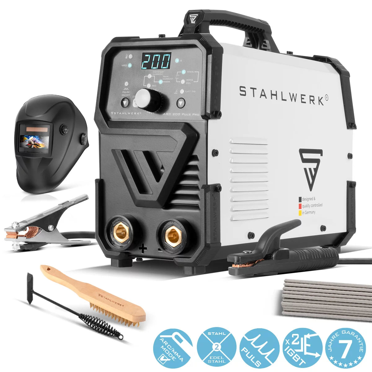 STAHLWERK ARC 200 Puls Pro Vollausstattung Elektroden-Schweißgerät, kompakter MMA | E-Hand | Lift-TIG Inverter mit 200 Ampere, IGBT Technologie und Puls-Funktion