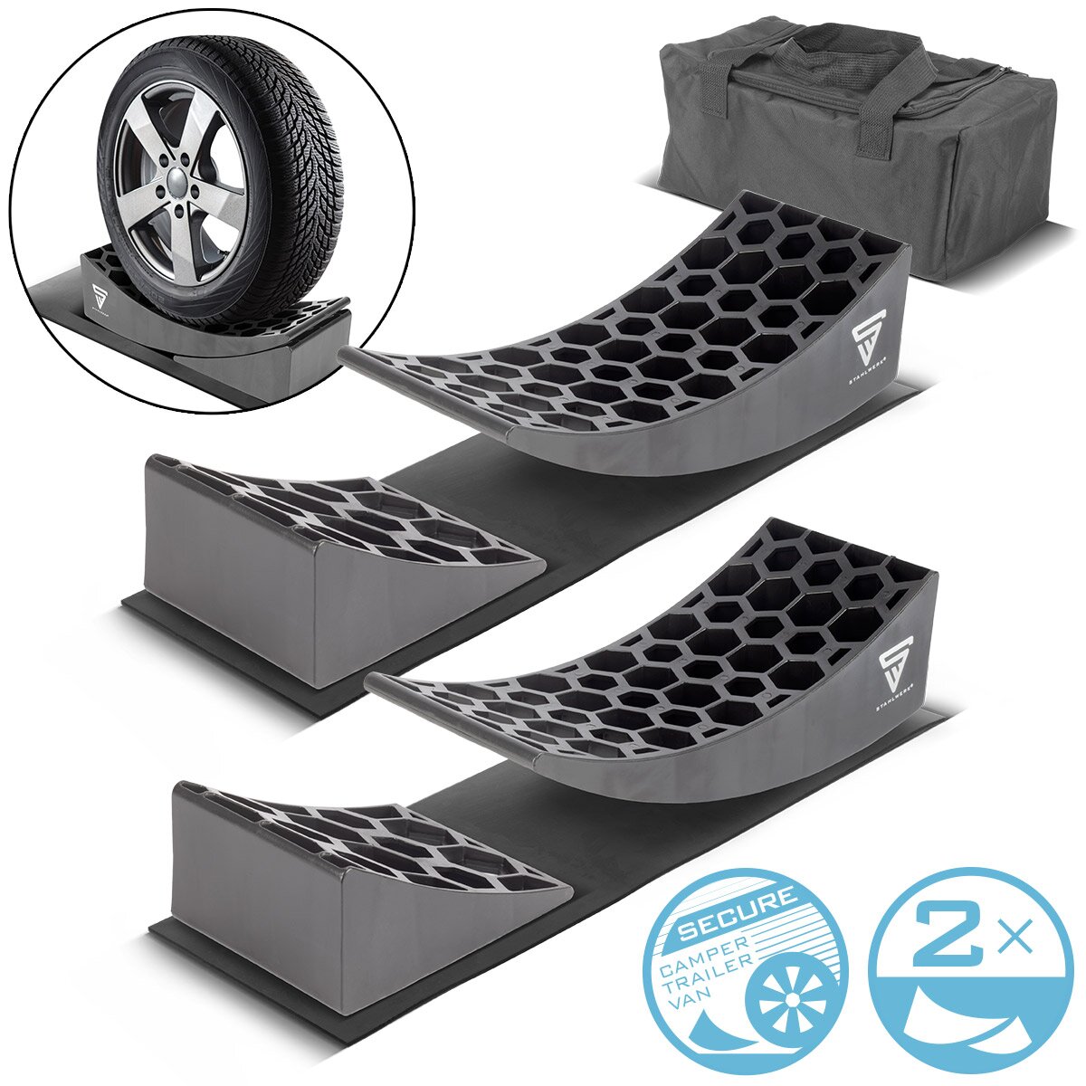 Wedge de retorno de Steelworks GT-17 ST 2 Configuración hasta 15.8 T Axle Loads Sweet Wedge | Paso Wedge | Cuña de compensación | Cuña redonda para autocaravana, campamento móvil, autocaravana, caravana o caravana