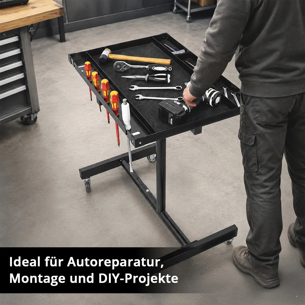 STAHLWERK Kfz-Wartungs- und Montagewagen mit Lenkrollen | Höhenverstellbarer Arbeitstisch | 87,3 – 125 cm | 100 kg Tragkraft | Mobile Werkbank | Ideal für Garage, Werkstatt, Autoreparatur und DIY
