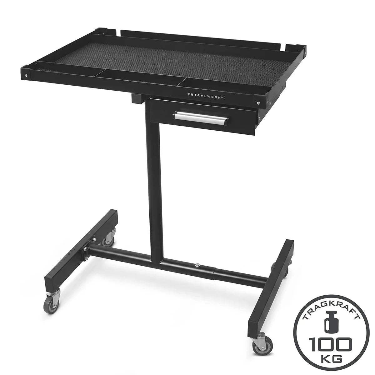 STAHLWERK Kfz-Wartungs- und Montagewagen mit Schublade | Höhenverstellbarer Arbeitstisch | 87,3 – 125 cm | 100 kg Tragkraft | Mobile Werkbank | Ideal für Garage, Werkstatt, Autoreparatur und DIY