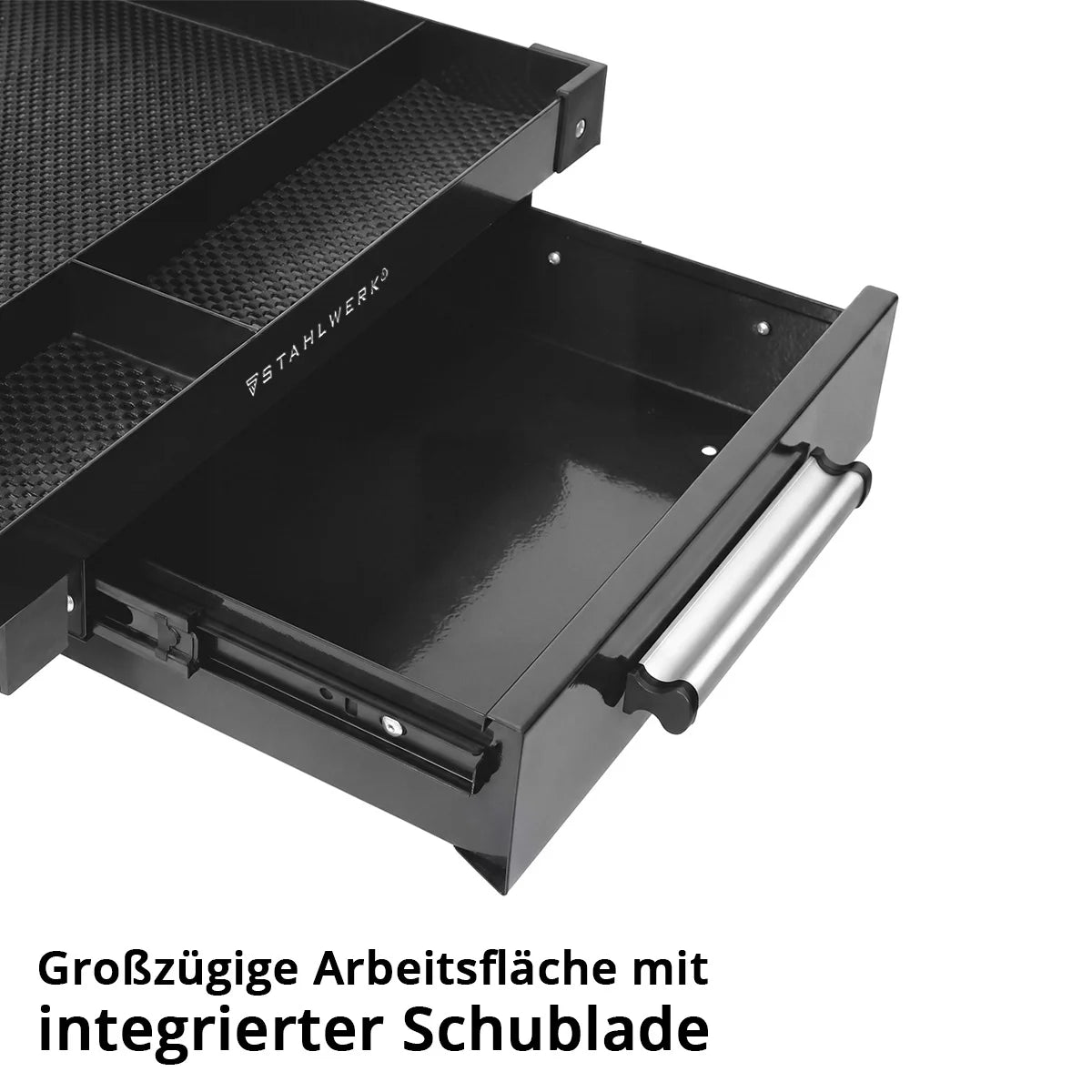 STAHLWERK Kfz-Wartungs- und Montagewagen mit Schublade | Höhenverstellbarer Arbeitstisch | 87,3 – 125 cm | 100 kg Tragkraft | Mobile Werkbank | Ideal für Garage, Werkstatt, Autoreparatur und DIY