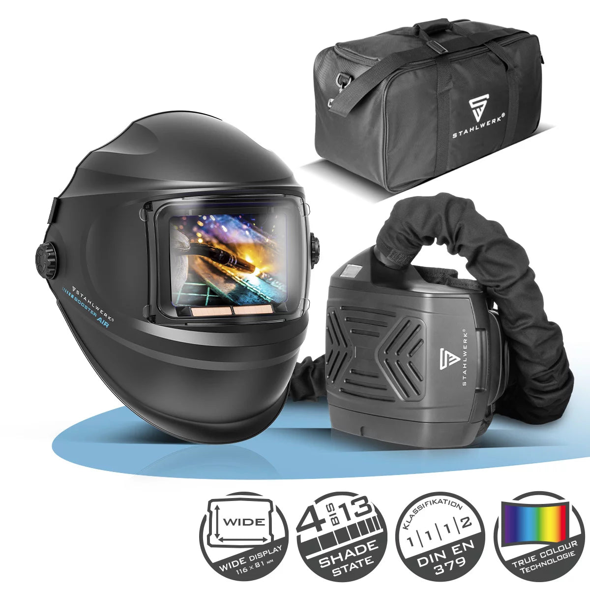 STAHLWERK 3-in-1 automatic welding helmet BOOSTER AIR | Welding helmet with fresh air supply | PAPR system | True color reproduction | Job memory | Darkening DIN 4 to DIN 13 | Optical class 1/1/1/2