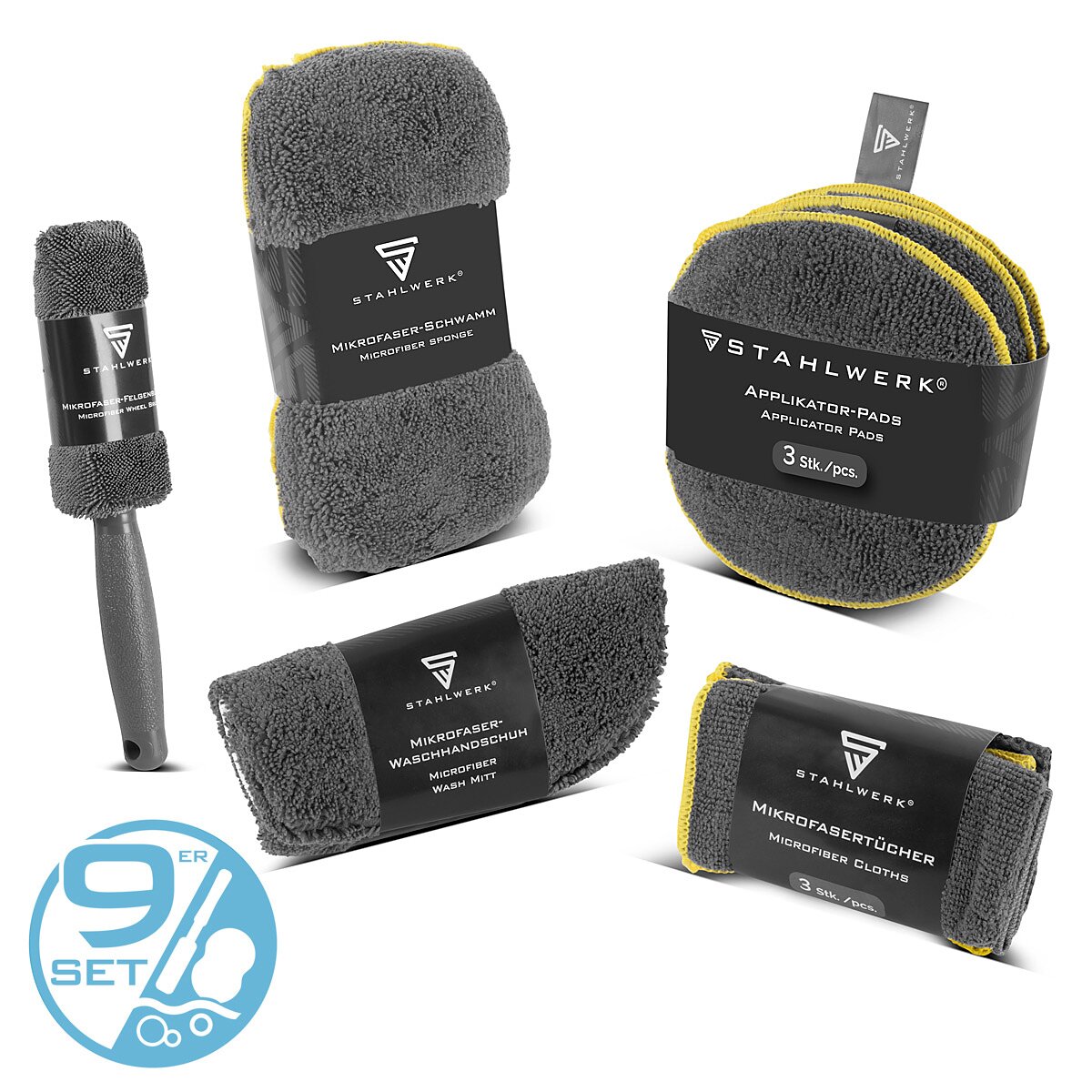 STAHLWERK Autoreinigungs-Set 9-teiliges Autopflege-Set | Aufbereitungs-Set | Autowasch-Set | Detailing-Set mit Mikrofaser-Tüchern, Felgenbürste, Waschhandschuh, Schwamm und Applikator-Pads