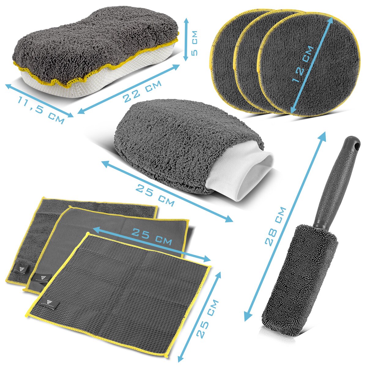 STAHLWERK Autoreinigungs-Set 9-teiliges Autopflege-Set | Aufbereitungs-Set | Autowasch-Set | Detailing-Set mit Mikrofaser-Tüchern, Felgenbürste, Waschhandschuh, Schwamm und Applikator-Pads