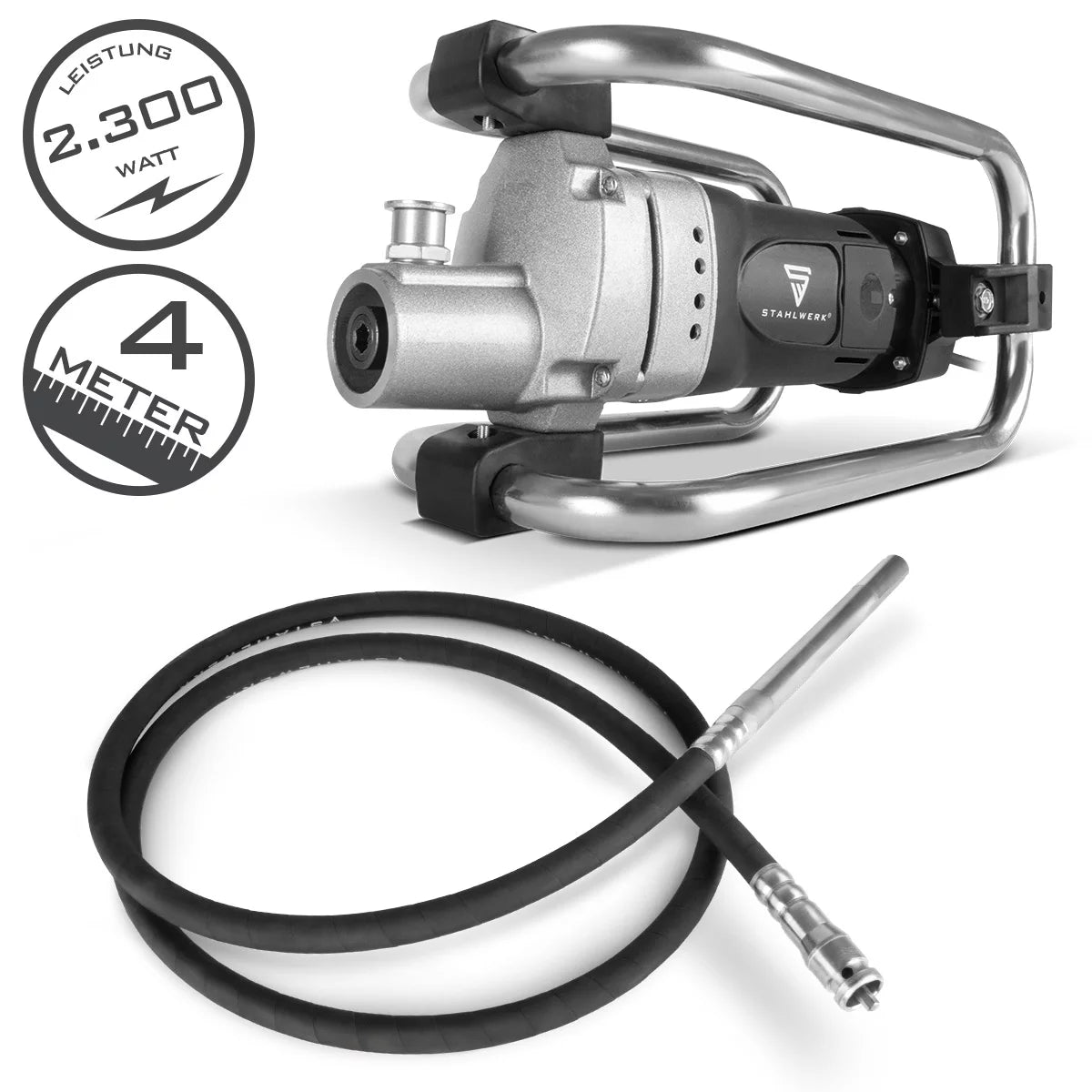 STAHLWERK BR-2300 ST concrete compactor | 2,300 watts with 4,000 rpm | Vibrating bottle Ø 35 mm | 400 cm hose length set | Strong concrete vibrator | Vibrating hose for walls, ceilings, foundations