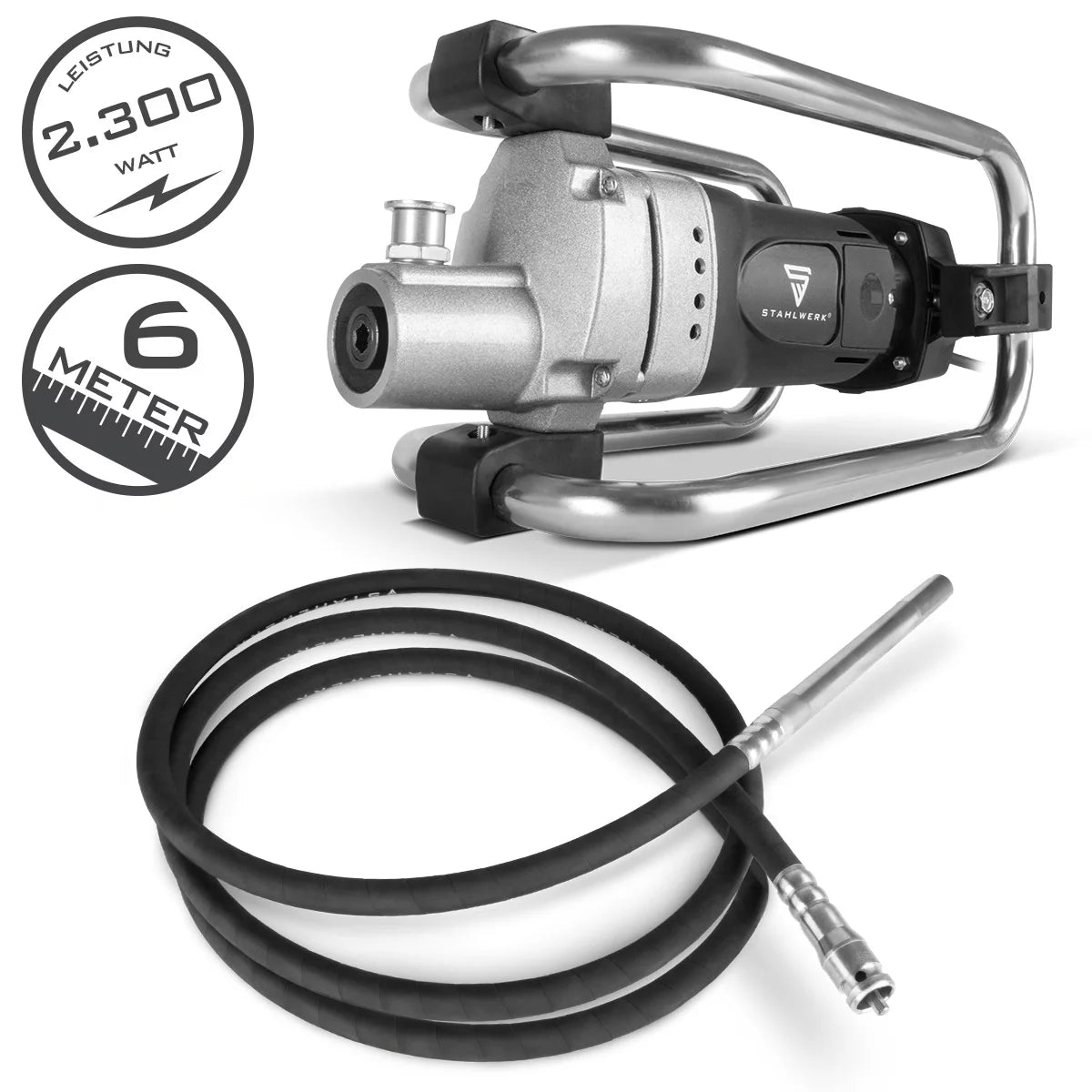 STAHLWERK BR-2300 ST concrete compactor | 2,300 watts with 4,000 rpm | Vibrating bottle Ø 35 mm | 600 cm hose length set | Strong concrete vibrator | Vibrating hose for walls, ceilings, foundations
