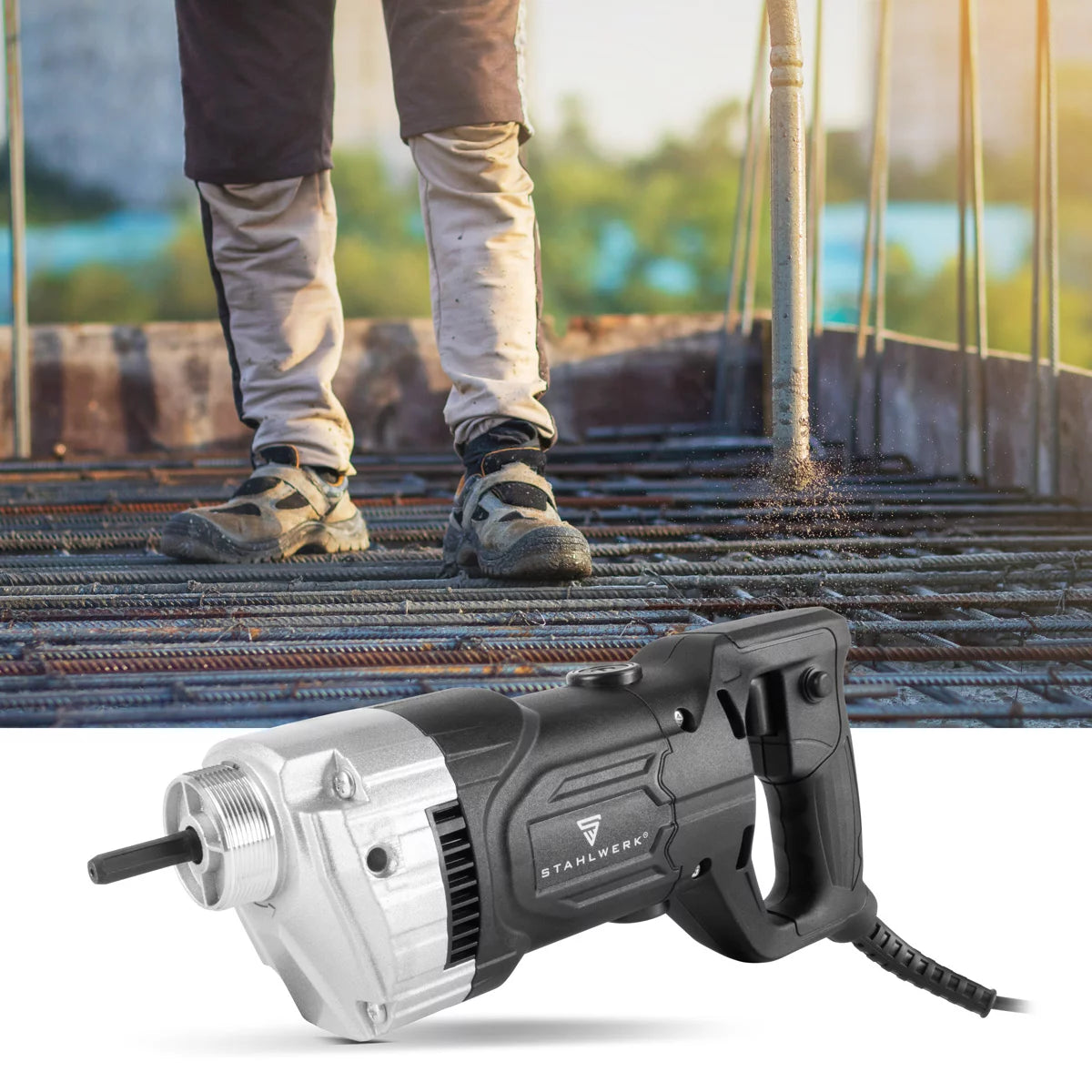 STAHLWERK Betonverdichter 900 Watt | 4.000 U/min | Leistungsstarker Betonrüttler | Flaschenrüttler für 35 / 50 mm Rüttelflasche | Hochleistungsverdichter für Betonbau, Wände, Decken, Fundamente