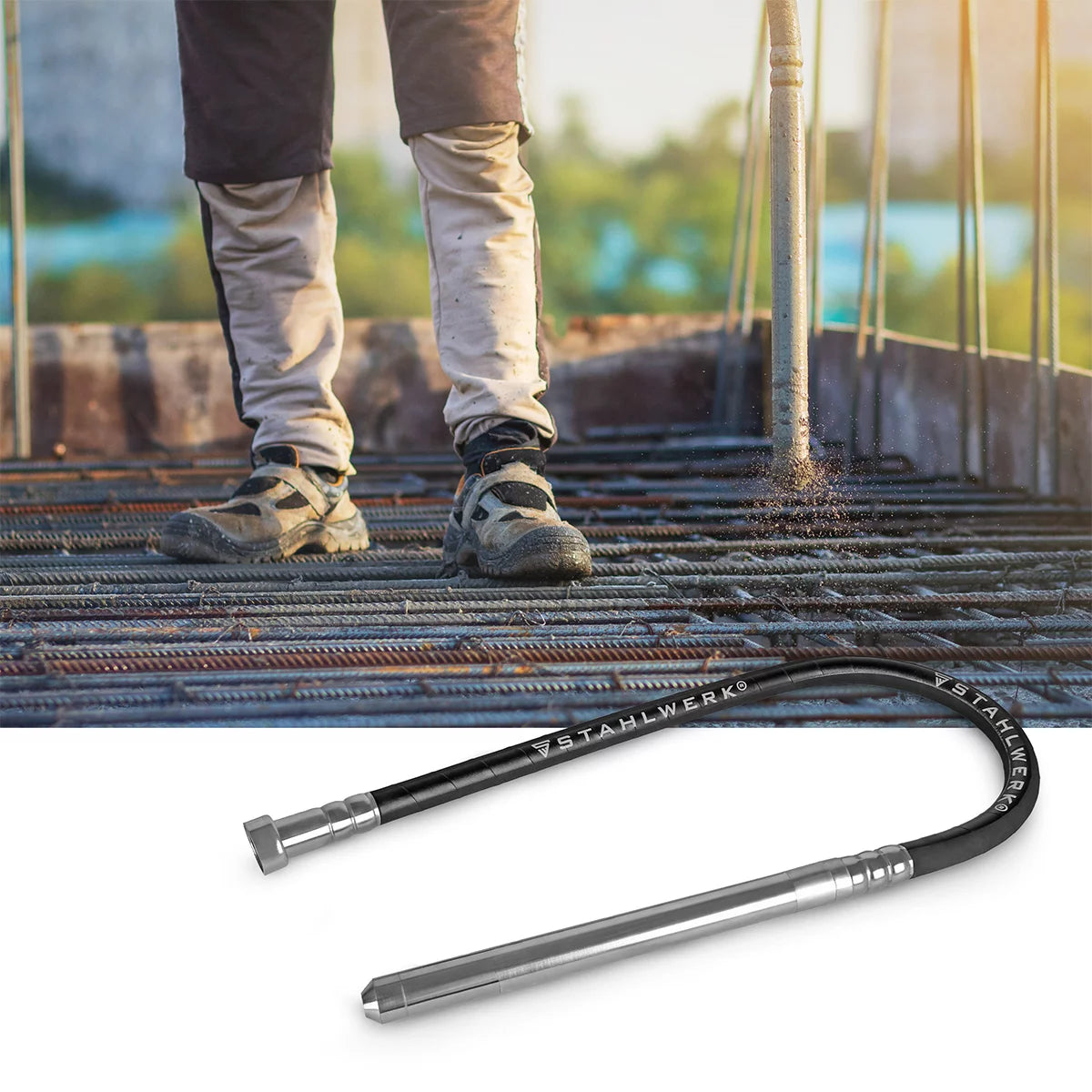 Compactador de hormigón STAHLWERK 900 W con botella vibratoria de 35 mm, longitud de manguera de 1,5 m | 4.000 rpm | Vibrador interno para cimientos, losas, paredes, techos | Compactador de alto rendimiento para la construcción de hormigón.