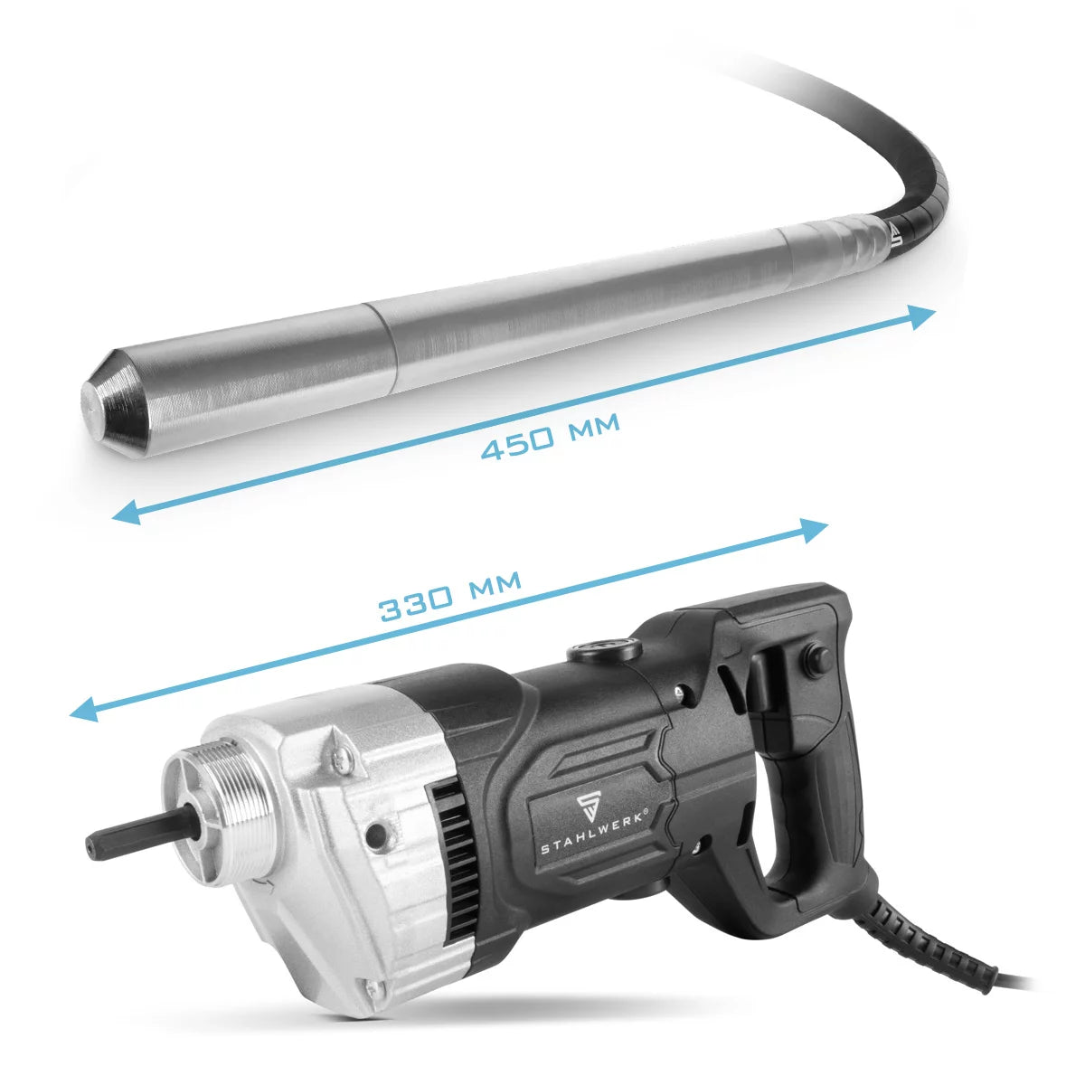 Compattatore per calcestruzzo STAHLWERK 900 Watt con bottiglia vibrante 35 mm, lunghezza tubo 2 m | 4.000 giri/min | Vibratore interno per fondazioni, solai, pareti, soffitti | Compattatore ad alte prestazioni per costruzioni in calcestruzzo