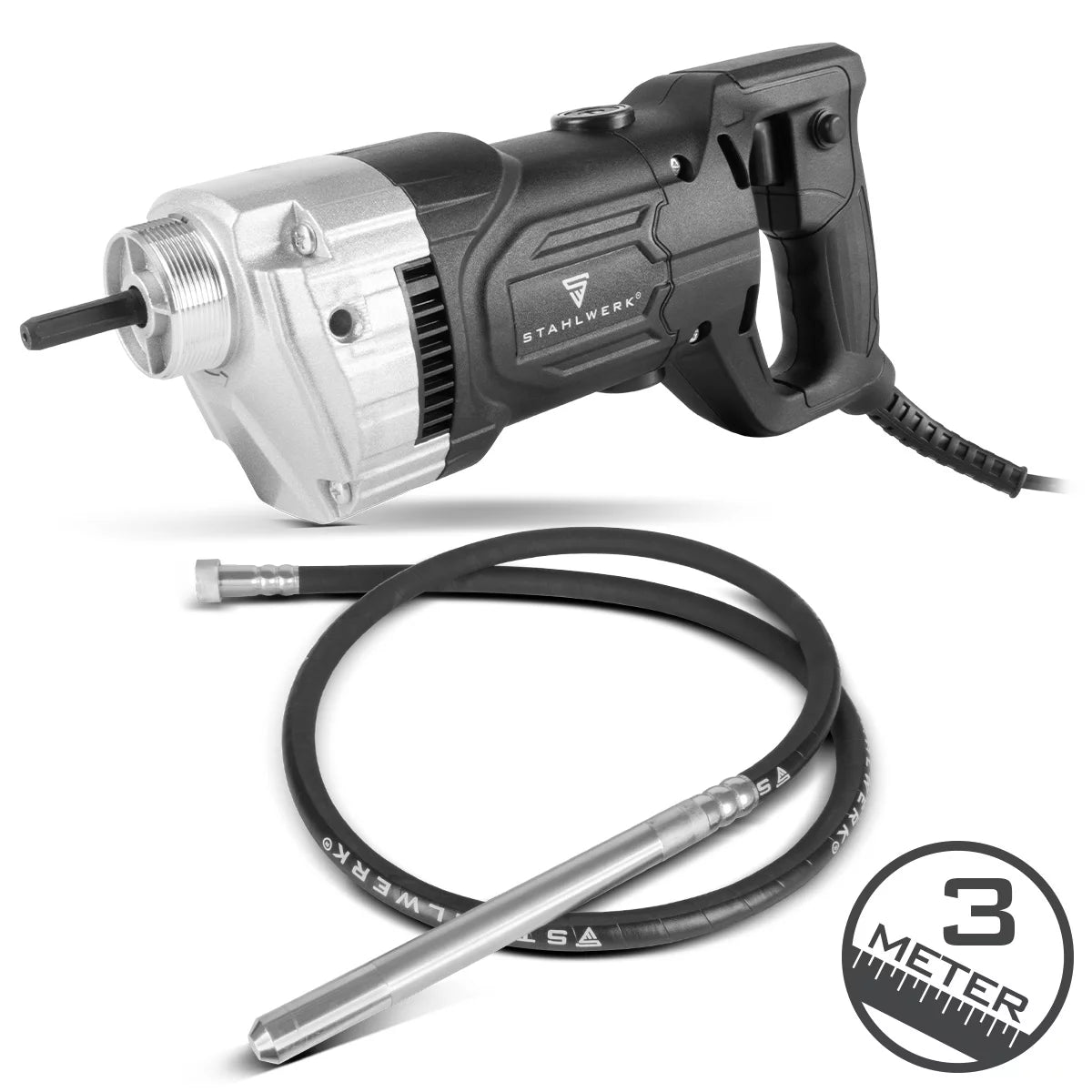 STAHLWERK Betonverdichter 900 Watt mit Rüttelflasche 35 mm, 3 m Schlauchlänge | 4.000 U/min | Innenrüttler für Fundamente, Bodenplatten, Wände, Decken | Hochleistungsverdichter für Betonbau