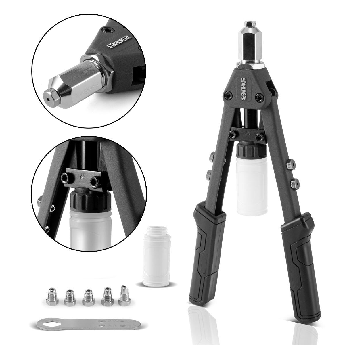 STAHLWERK HNZ-130 ST Robuste Profi-Hebelnietzange und Spanndornzange / Blindnietzange aus vernickeltem Chrom Molybdän Stahl - 8 teiliges Set inklusive 200 Nieten und 5 Wechseleinsätzen