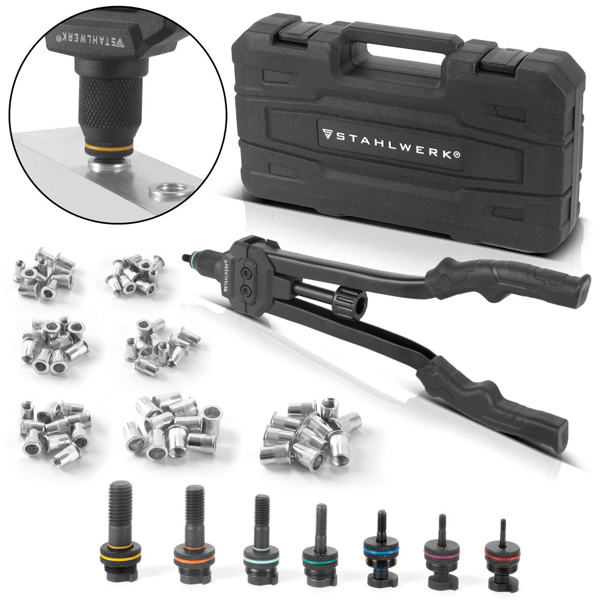 Steelworks kör dil seti NZ-16 St Nietzange | Perçin Fındık Tongs | Popniet pense | M3 iş parçacığı ile iftira pensesi | M4 | M5 | M6 | M8 | M10 | M12 70 perçin fıstığı ve valiz dahil