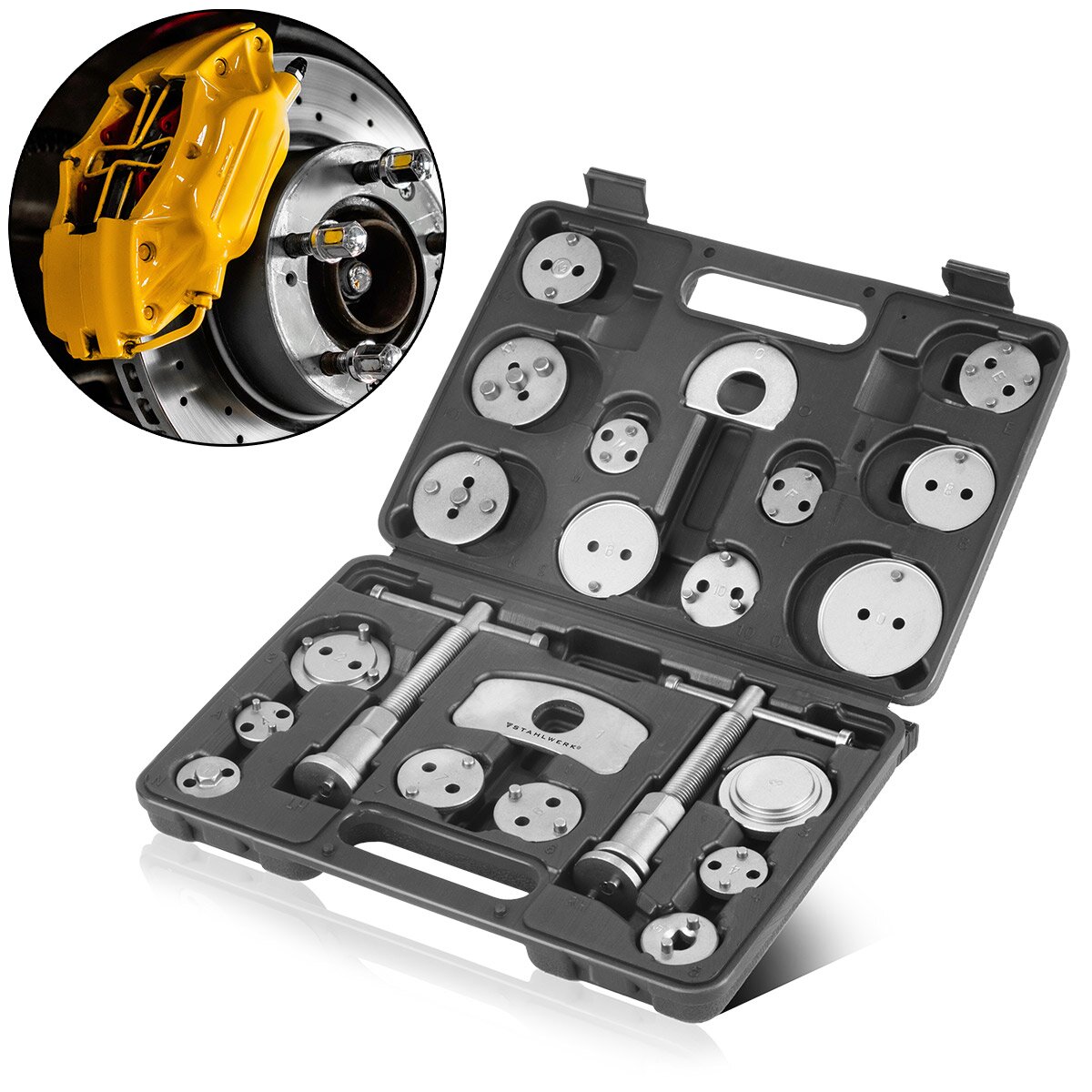 STAHLWERK Bremskolben-Rücksteller Set 22 Teile Bremssattelkolben-Rücksteller | Bremsen-Rücksteller | Kolben-Rücksteller | Rückstellwerkzeug Satz für Kfz-Bremssattelkolben