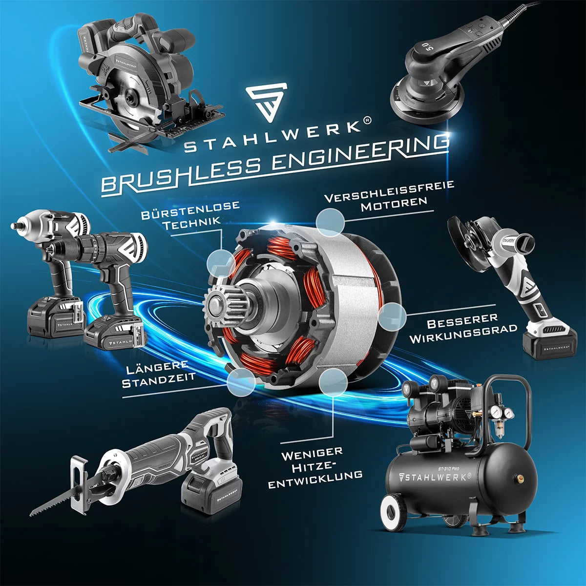 Meuleuse d'angle sans balais STAHLWERK AWS-20, système de batterie sans balais 20 V/4 Ah, 0 - 7 500 min-1, tailles de disque 115 mm et 125 mm, avec 1 batterie de 4 Ah et un chargeur