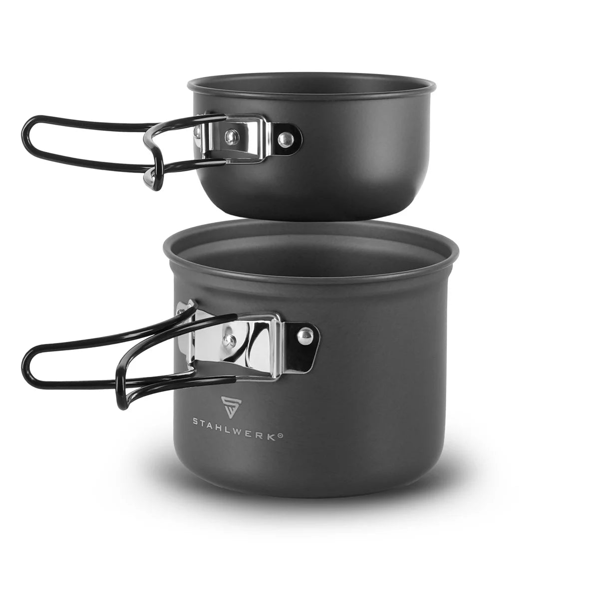 Set di pentole da campeggio Stahlwerk | IMBACCHIO DI CAMPING ALLUMINIO COMPLETO COMPLETO CON PATTO, PAN, PUCHER A GASS, CHIFICHE PLASTICHE e posate | Set da chef esterno di alta qualità