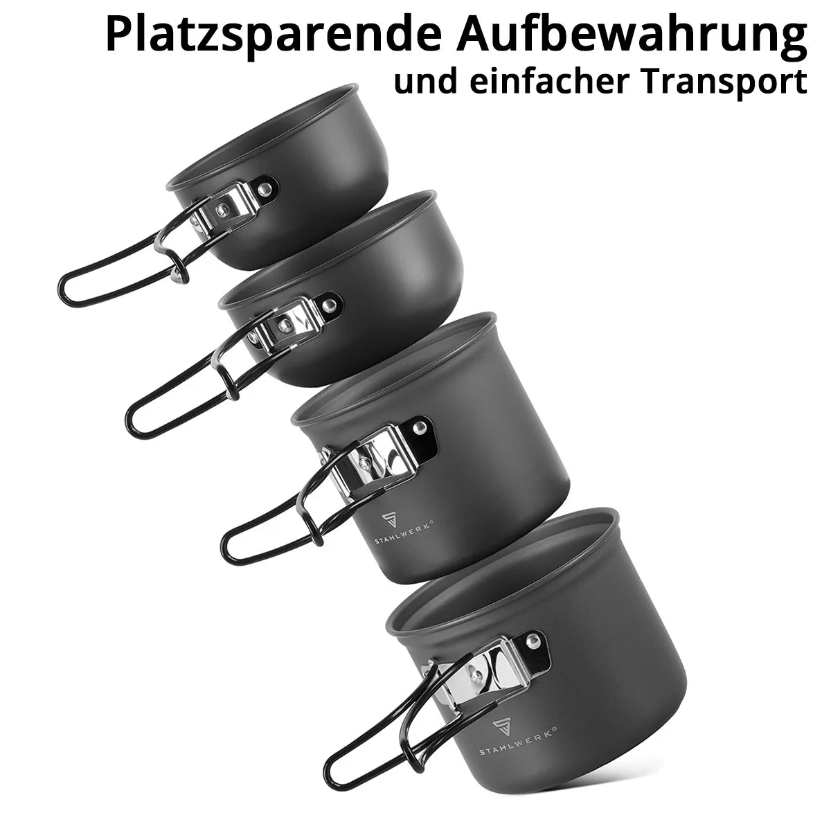 STAHLWERK Camping Kochtopf-Set 4-teilig aus Aluminium| Outdoor Kochgeschirr mit Antihaftbeschichtung | Camping Koch-Set mit Töpfen und Deckeln | Outdoor Topfset | Camping-Geschirr