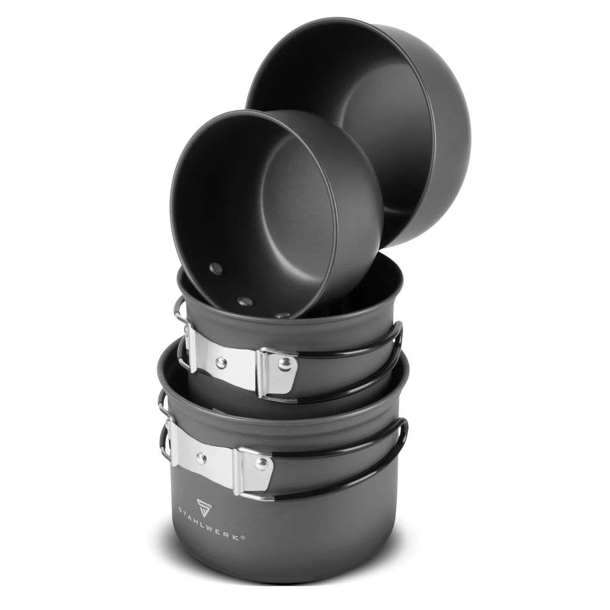 STAHLWERK Camping Kochtopf-Set 4-teilig aus Aluminium| Outdoor Kochgeschirr mit Antihaftbeschichtung | Camping Koch-Set mit Töpfen und Deckeln | Outdoor Topfset | Camping-Geschirr