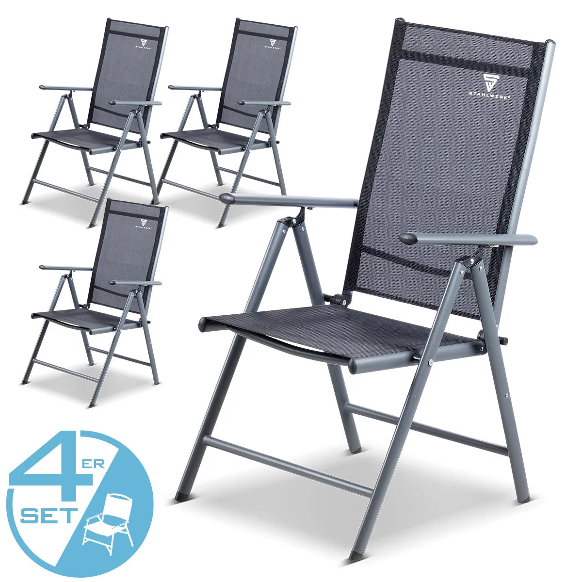 Stahlwerk Camping sedia CS-103 ST 4 Set Garden Chair | Sedia pieghevole | Polquadra pieghevole | Sedia in alluminio | Hochlehner | Mobili in terrazza | Presidente pescatore | Sedia balcone con bracciolo e schienale regolabile